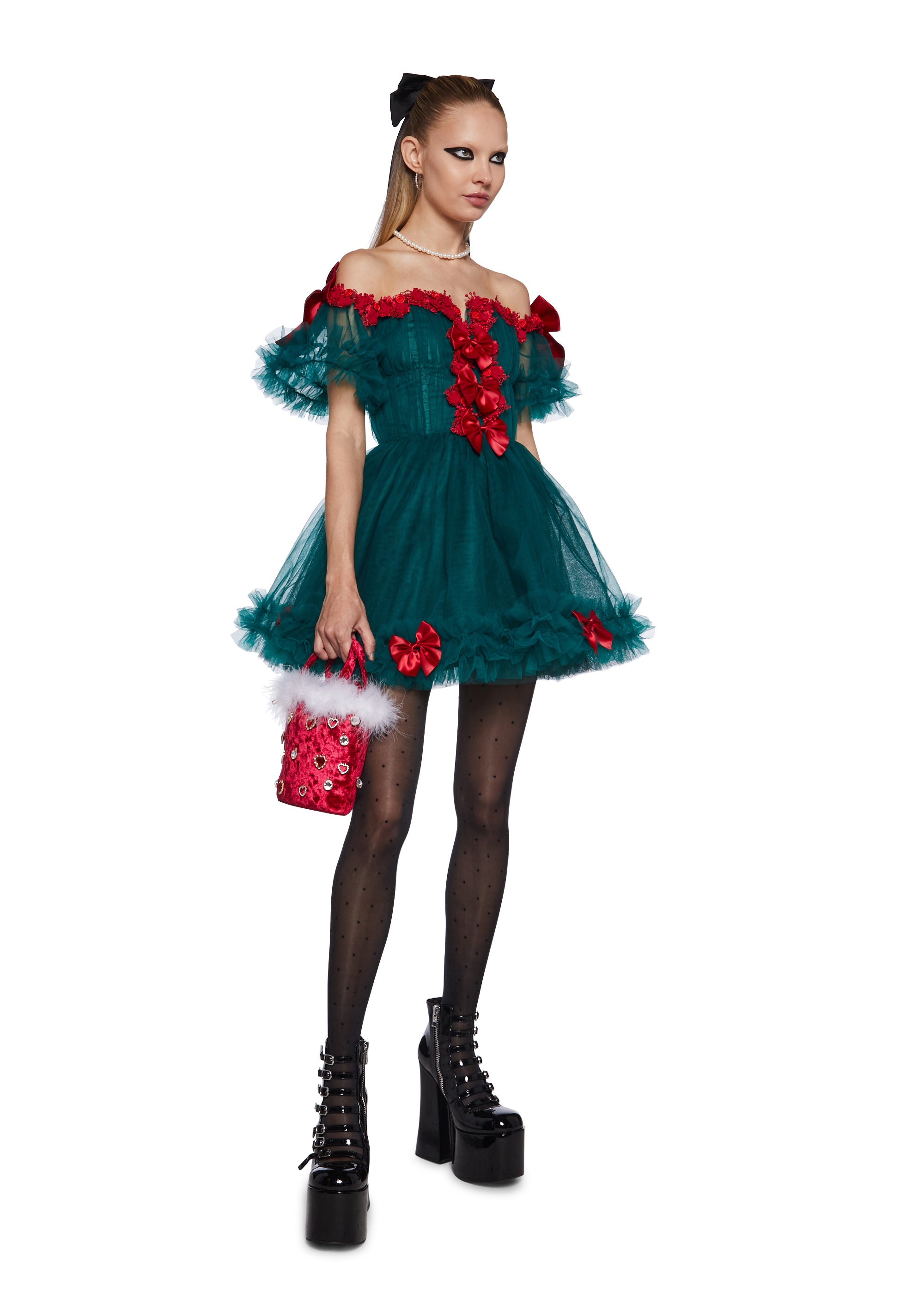 Womens Tulle Off The Shoulder Mini Dress With Bows Christmas Sugar Thrillz - Green Dolls Kill Womens Tulle Off The Shoulder Mini Dress With Bows Christmas Sugar Thrillz - Green Dolls Kill