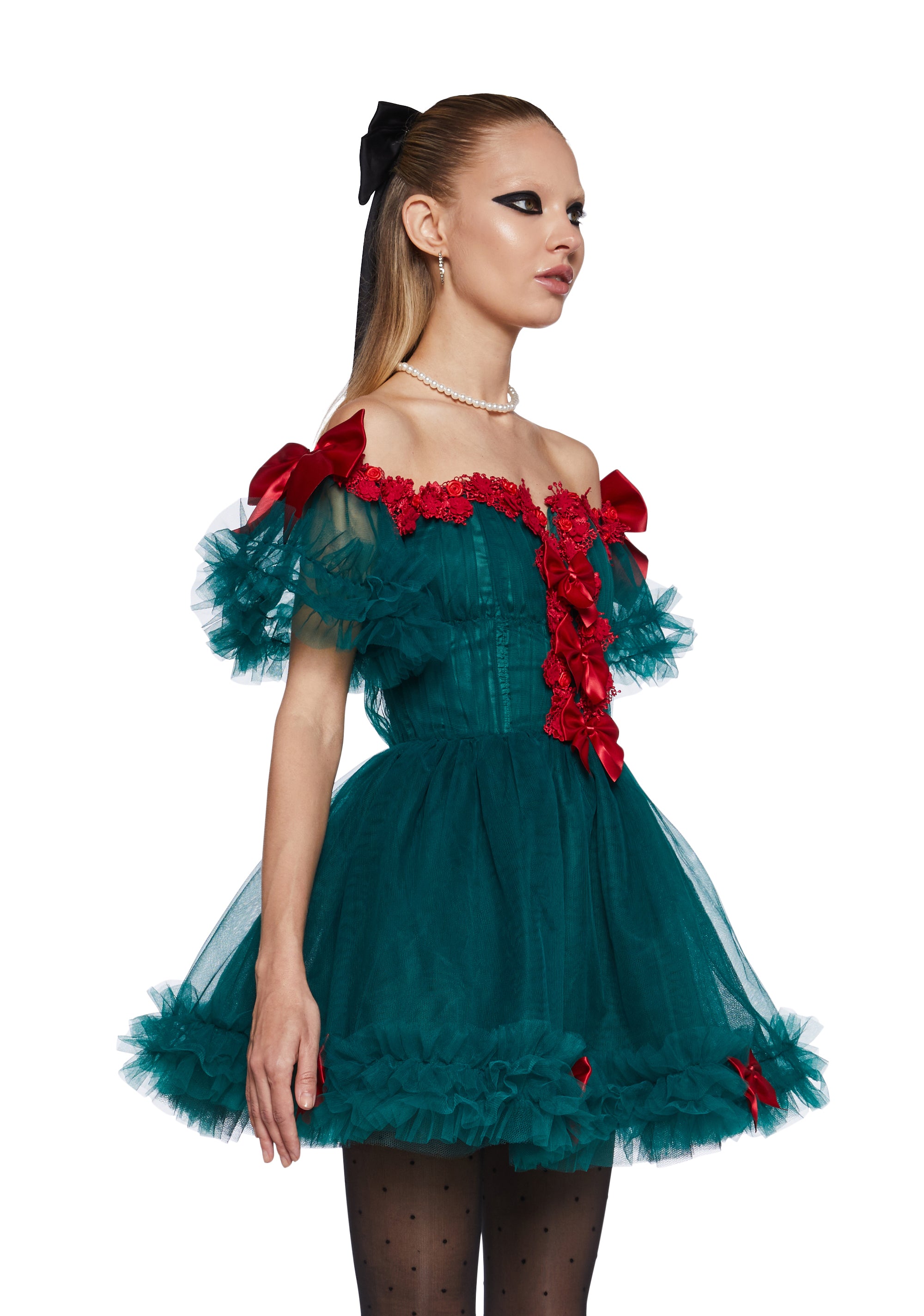 Womens Tulle Off The Shoulder Mini Dress With Bows Christmas