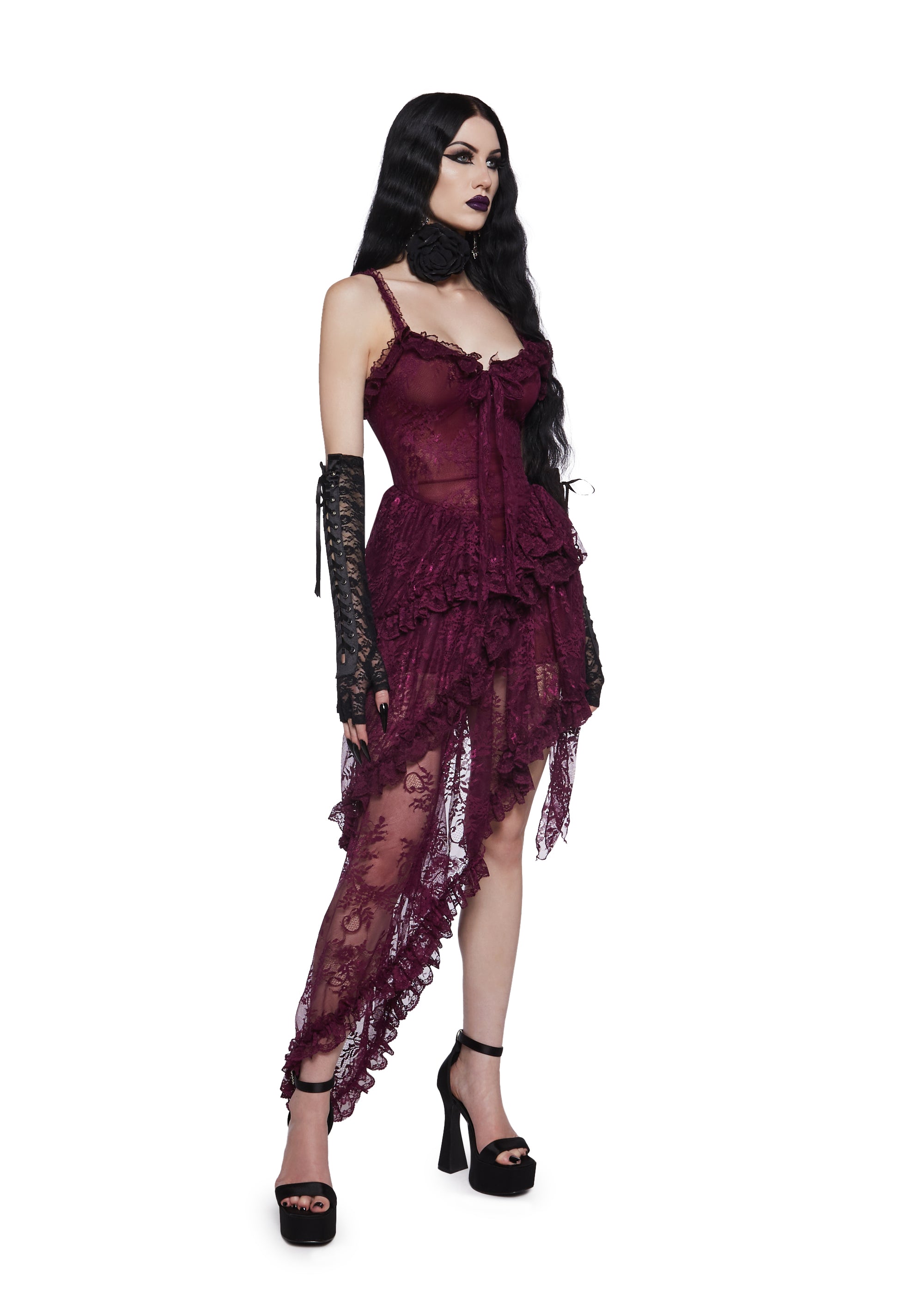 Lace Ruffled Asymmetrical Midi Dress Widow - Dark Red – Dolls Kill