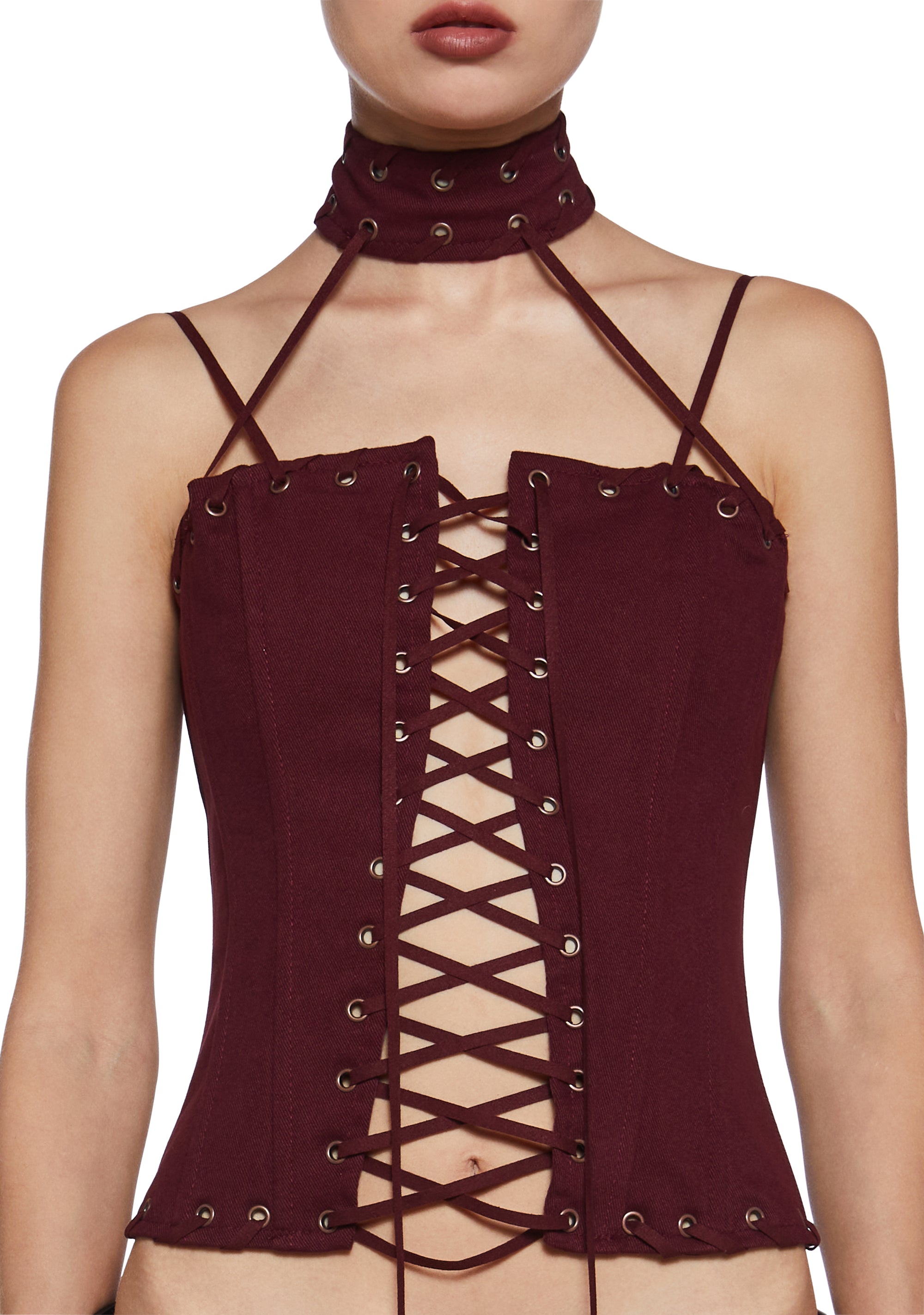 Twill Lace-up Grommet Corset Top Current Mood - Dark Red