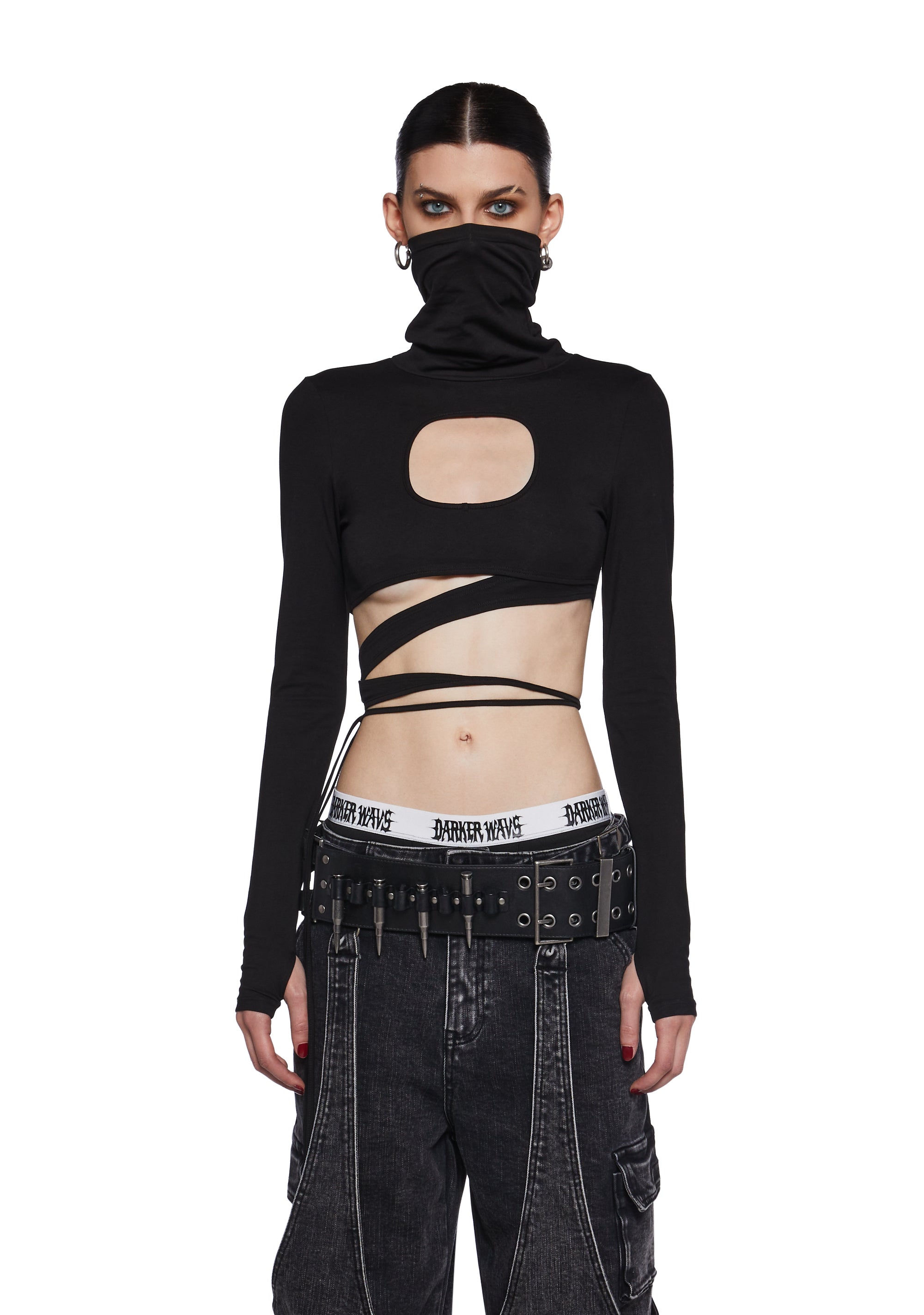 Stretchy Knit Cutout Wrap Around Long Sleeve Top Darker Wavs