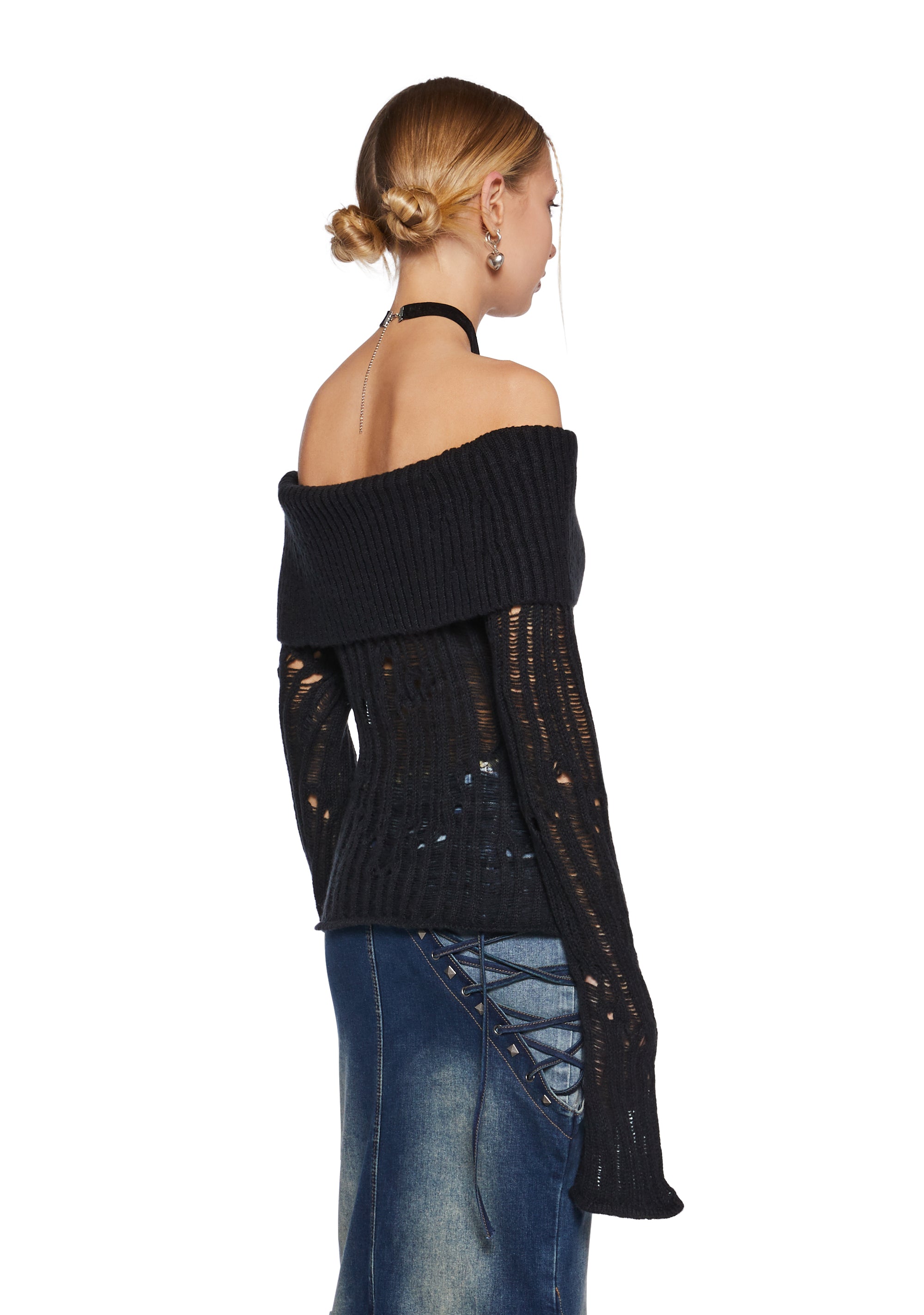 Distressed Off-The-Shoulder Acrylic Knit Sweater Current Mood