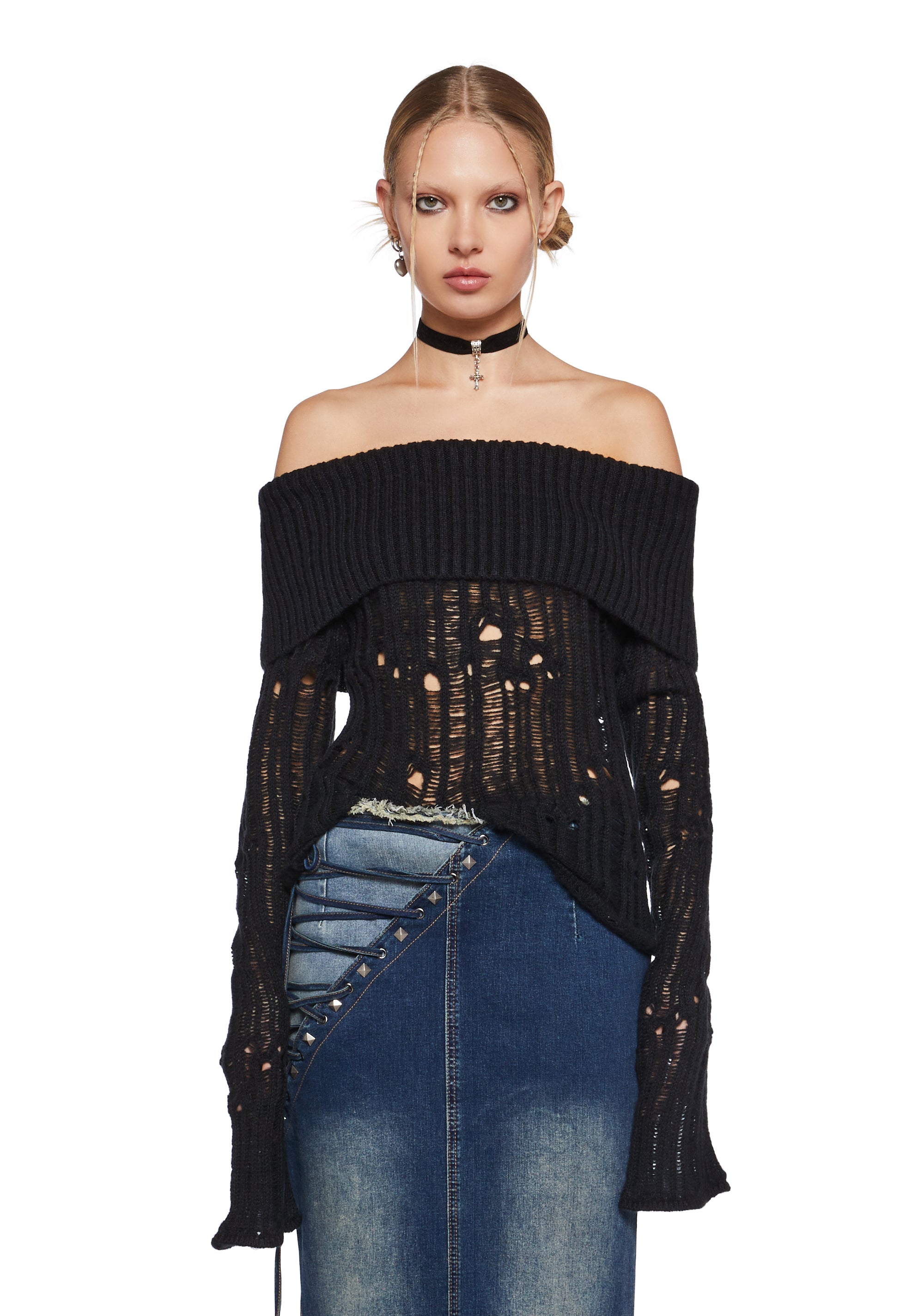 Sweaters Inconsolable Distressed Off-The-Shoulder Acrylic Knit Sweater Current Mood - Black ...
