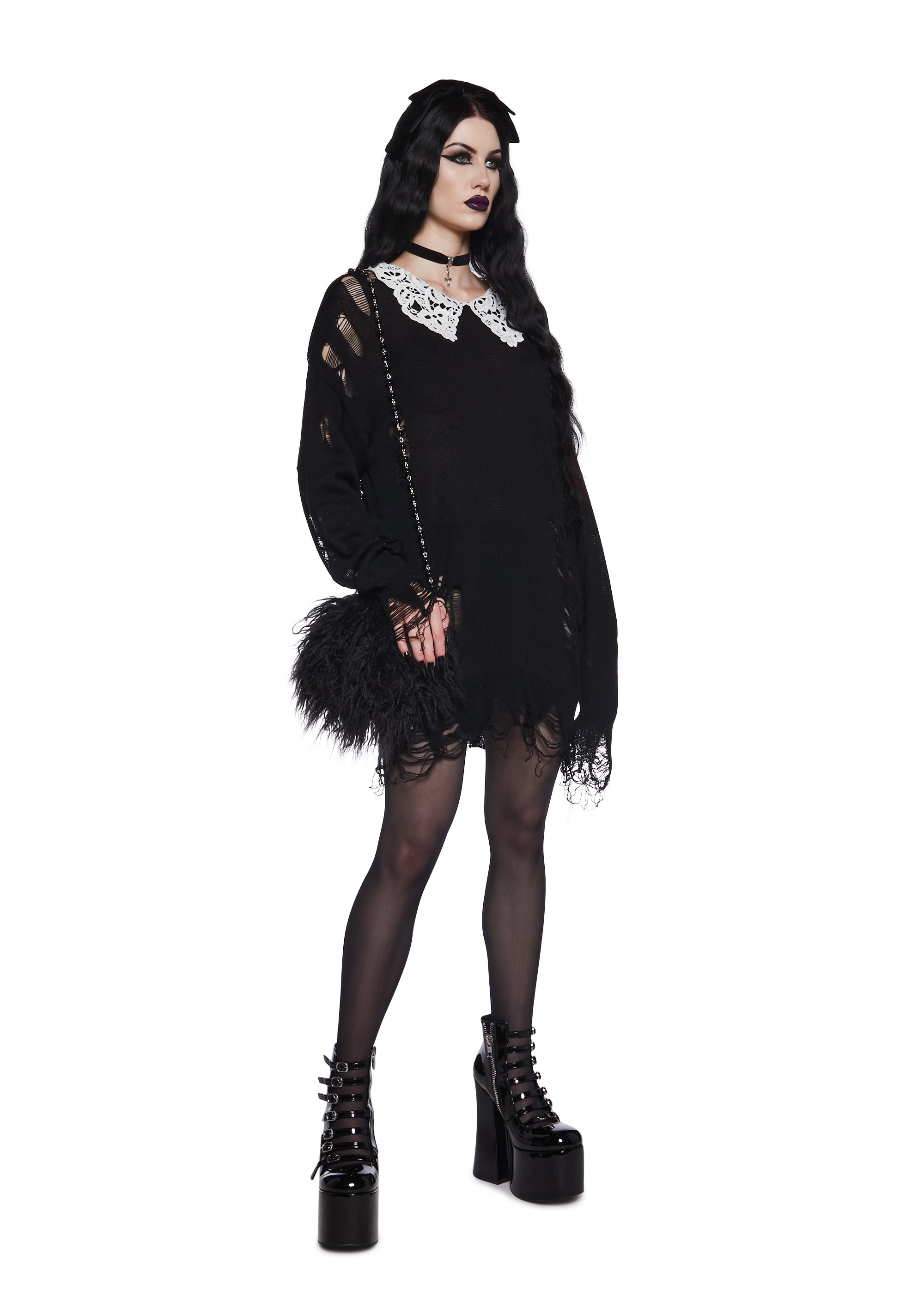 Distressed Knit Chantilly Lace Peter Pan Collar Oversized Sweater