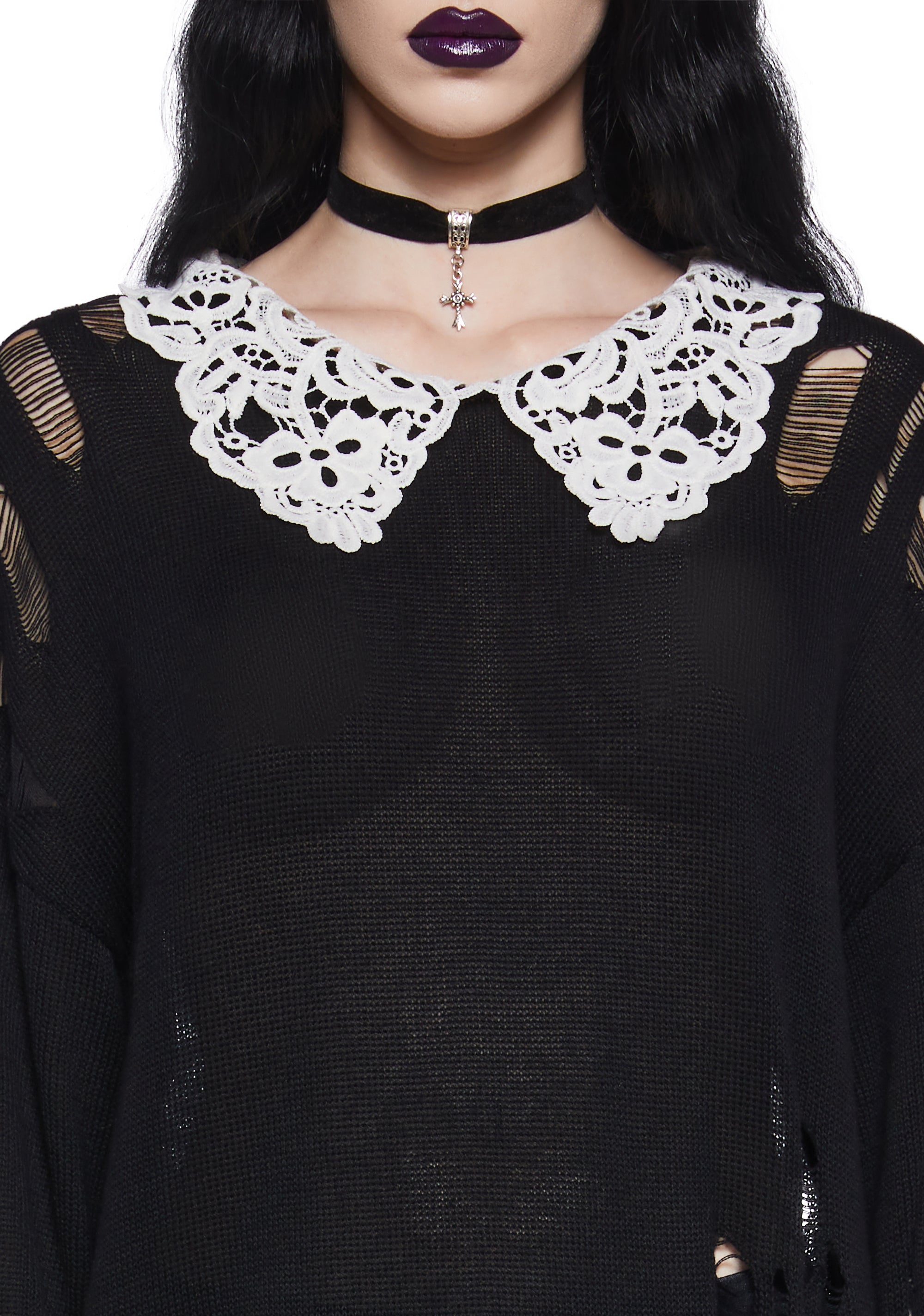 Distressed Knit Chantilly Lace Peter Pan Collar Oversized Sweater