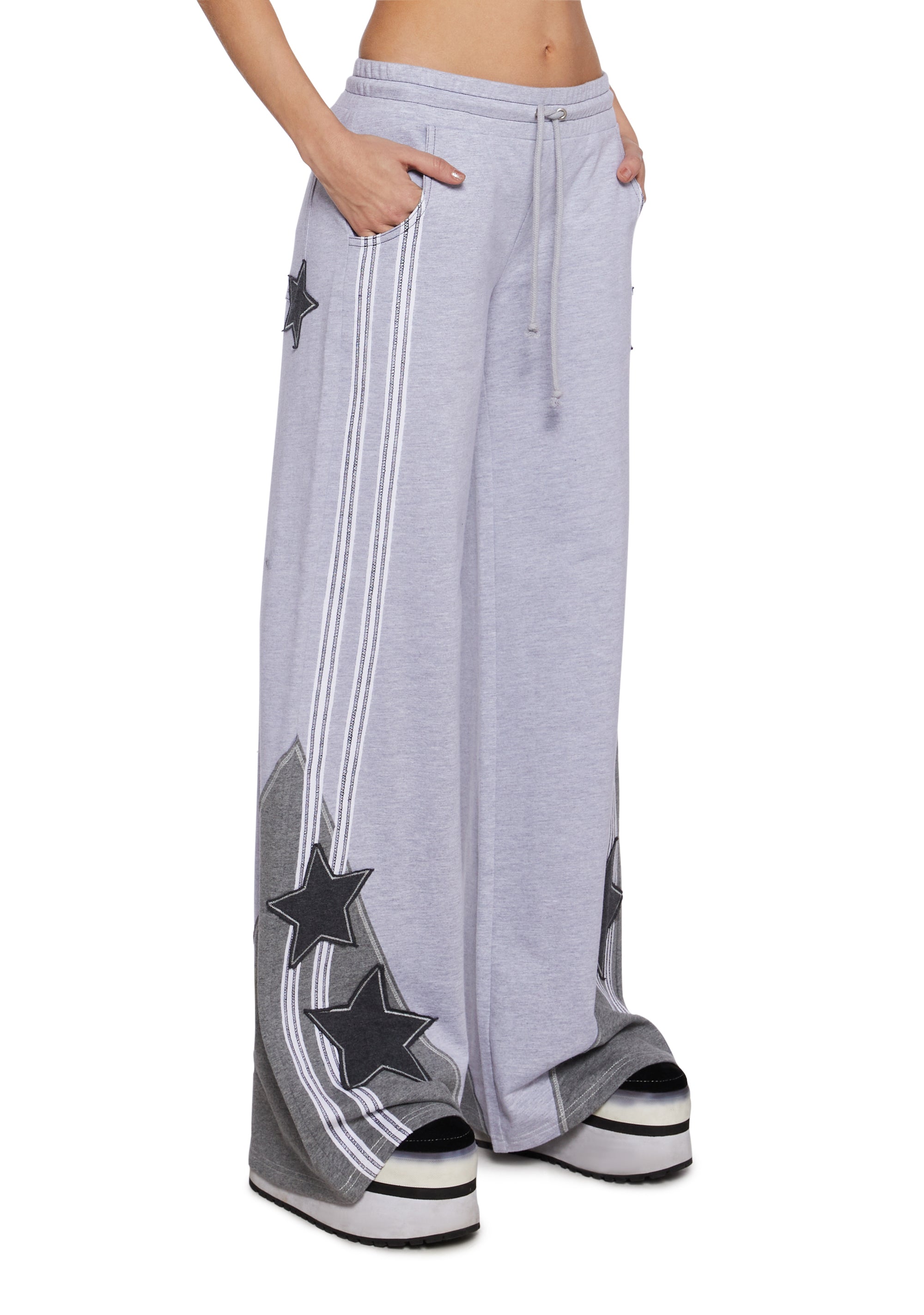 Soft Cotton Striped Star Patch Wide Leg Sweatpants Delia's - Gray