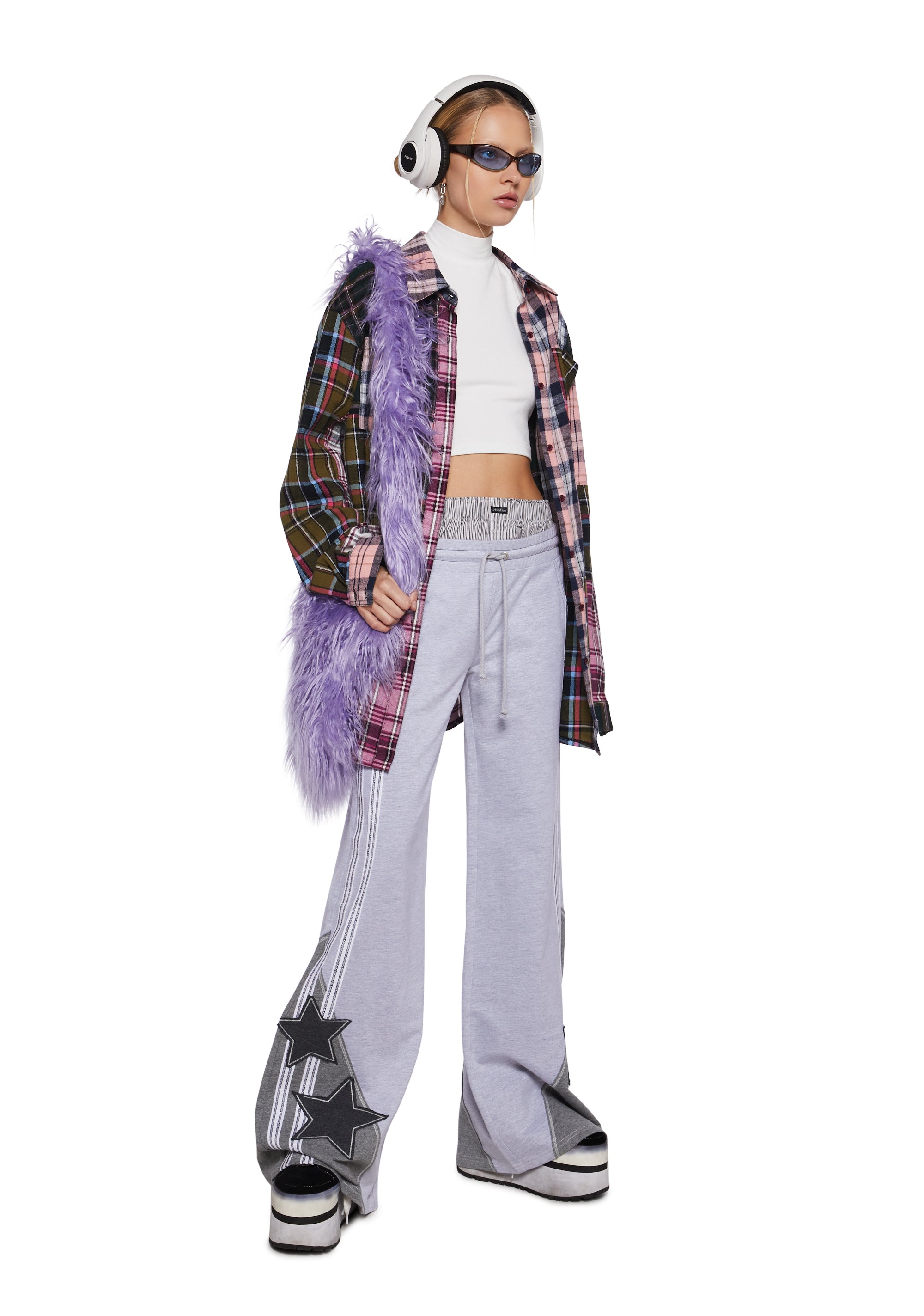 Soft Cotton Striped Star Patch Wide Leg Sweatpants Delia's Gray