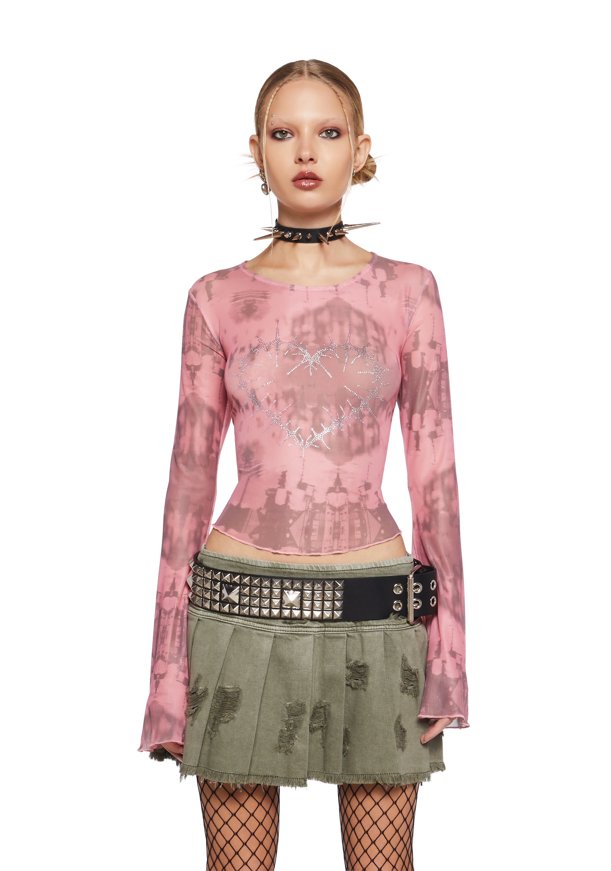 Rhinestones Pink Mesh Top main image 1