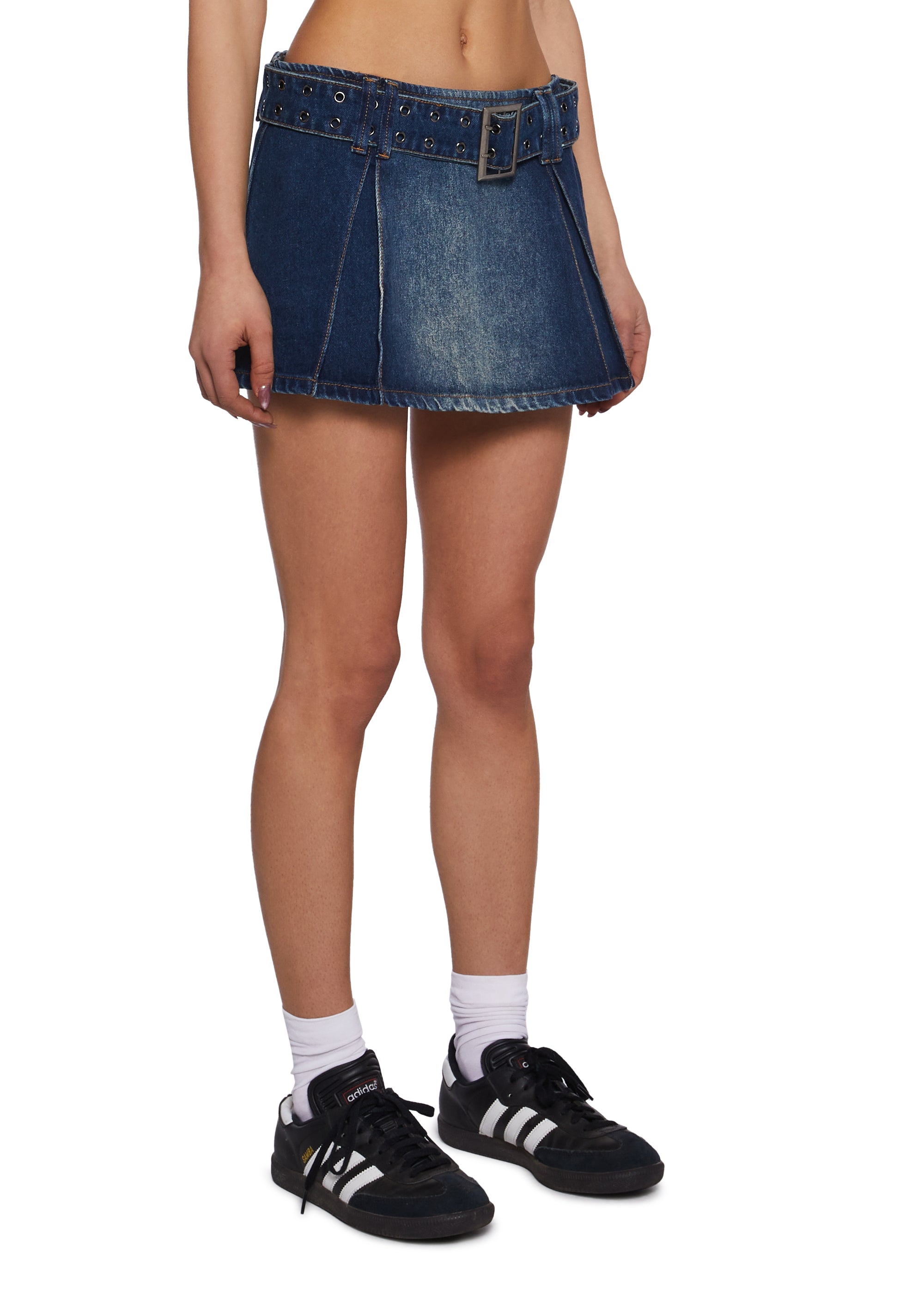 Washed Denim Belted Inverted Pleated Mini Skirt Generation Kiss