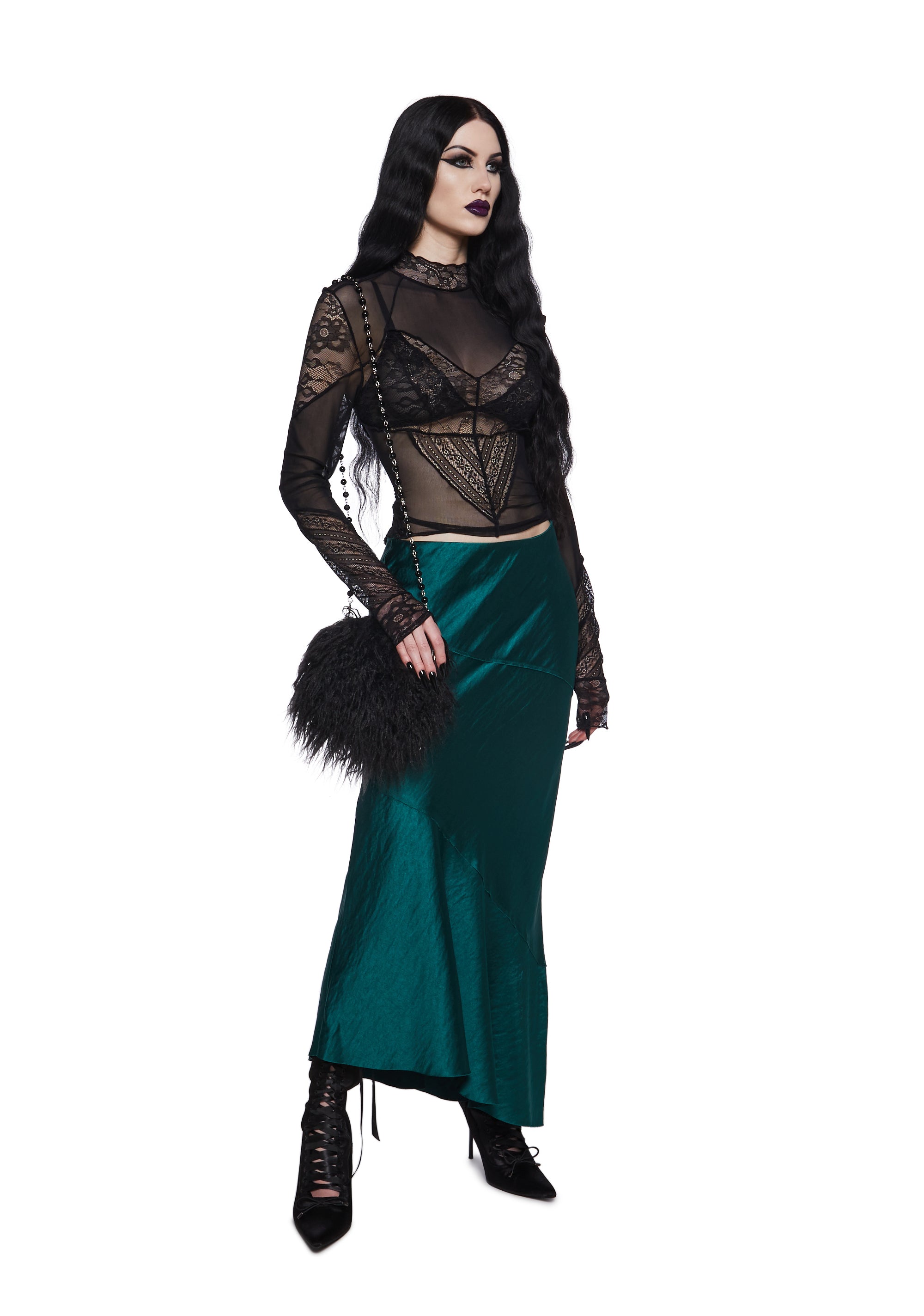 Satin Paneled Asymmetrical Midi Skirt Widow - Dark Green