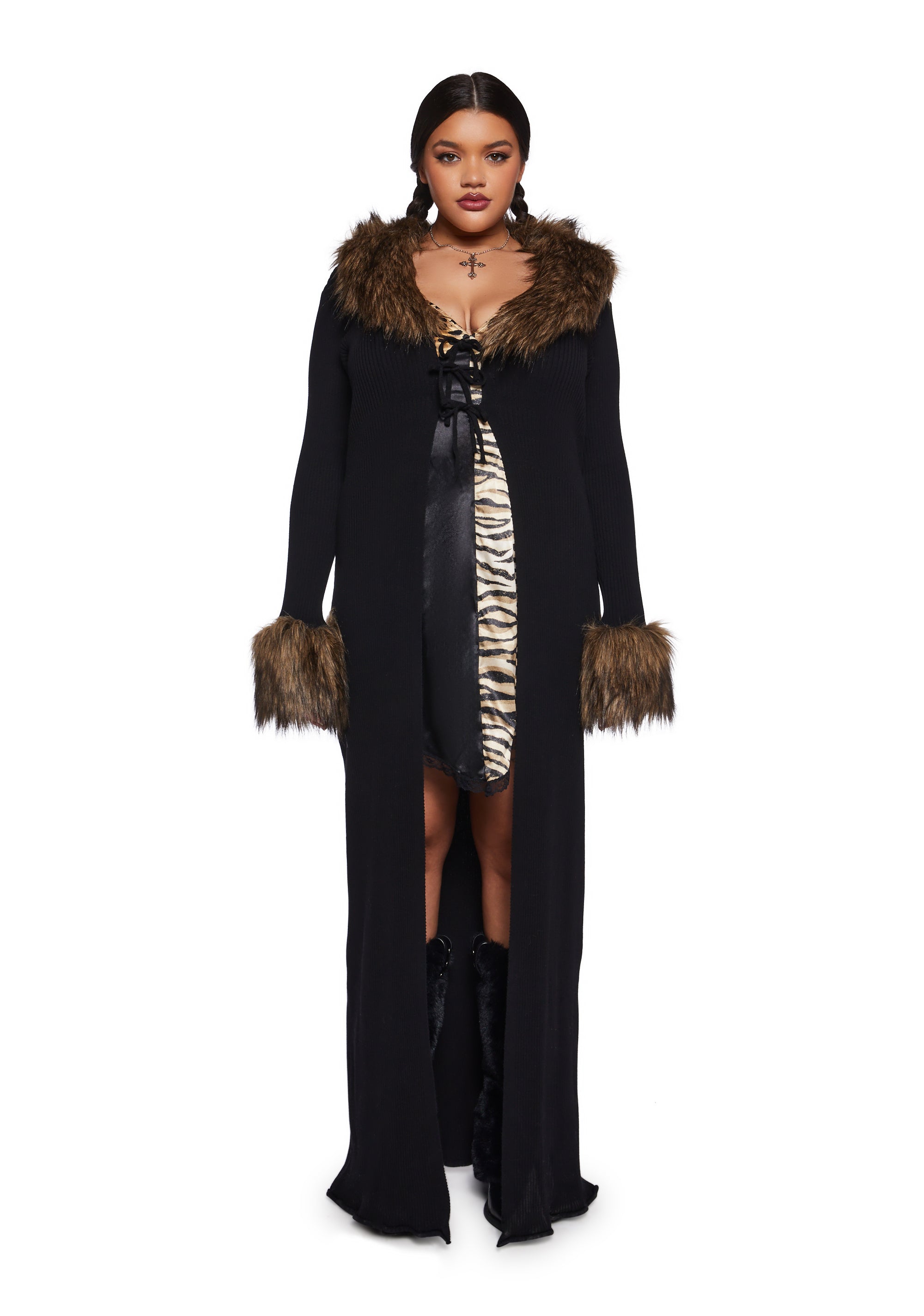 Stretchy Ribbed Knit Faux Fur Duster Current Mood Black Dolls Kill