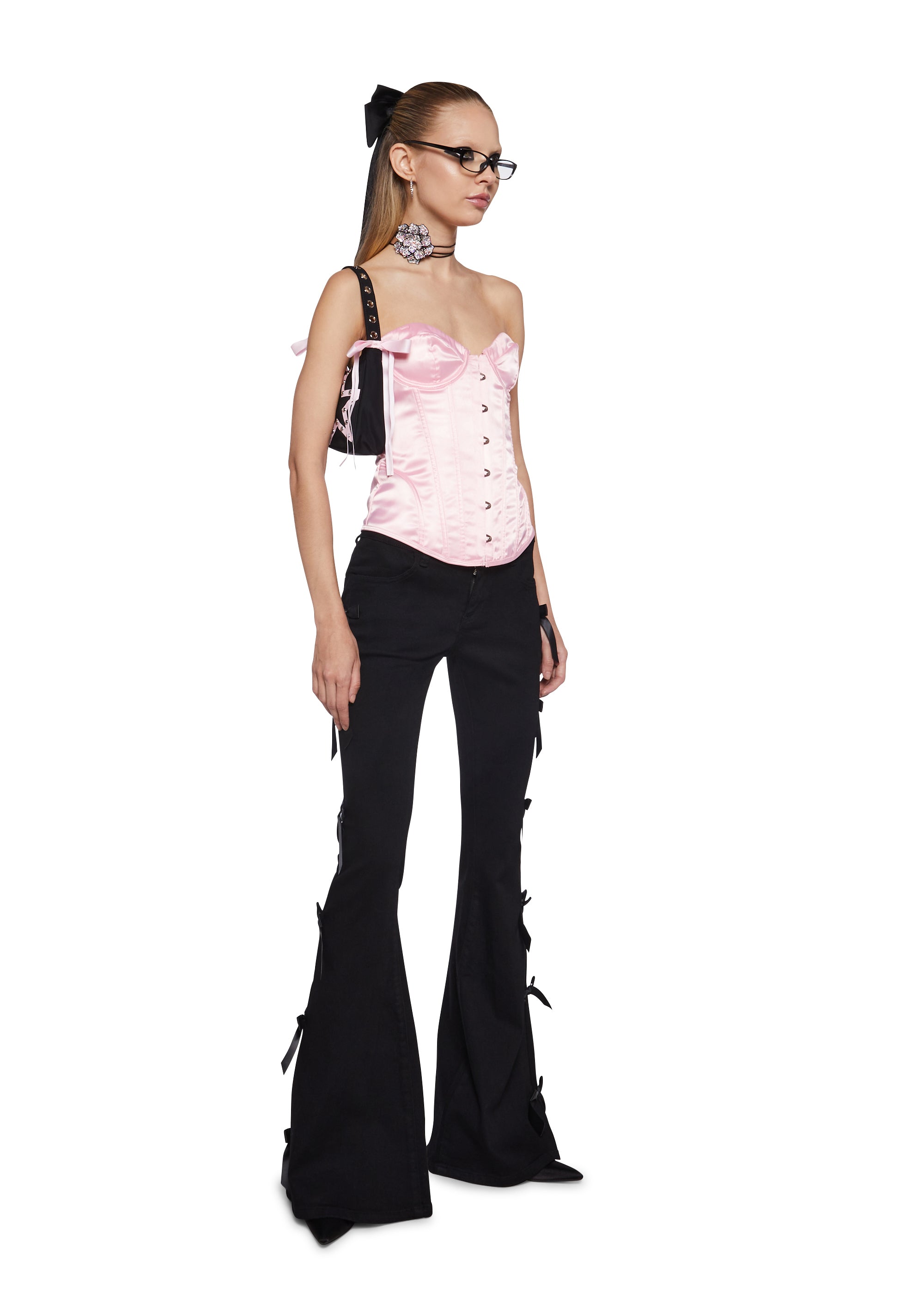 Womens Denim Flare Pants Jeans With Bows Balletcore Sugar