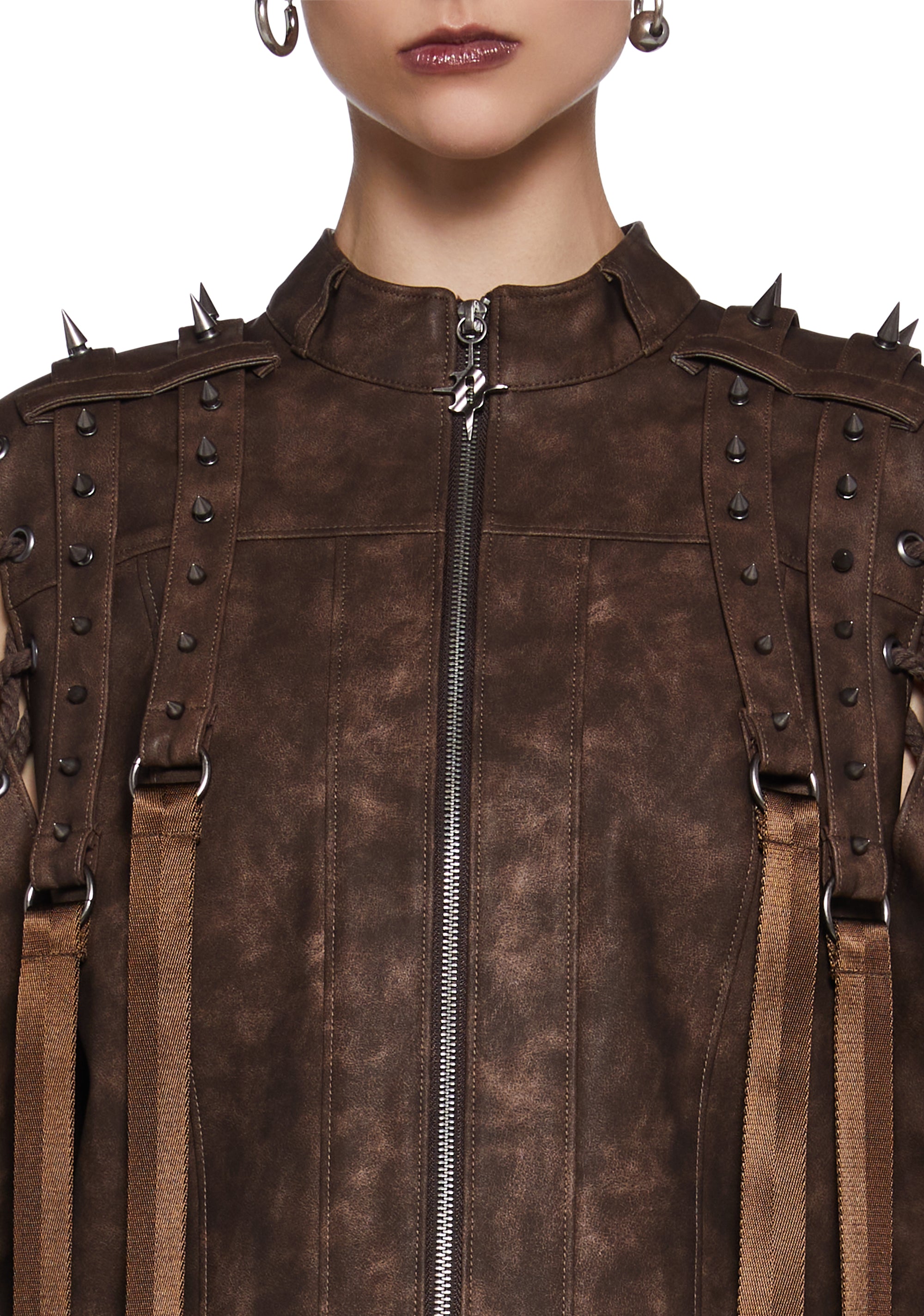 Womens Sexy Spiked Lace Up Vegan Leather Jacket Darker Wavs
