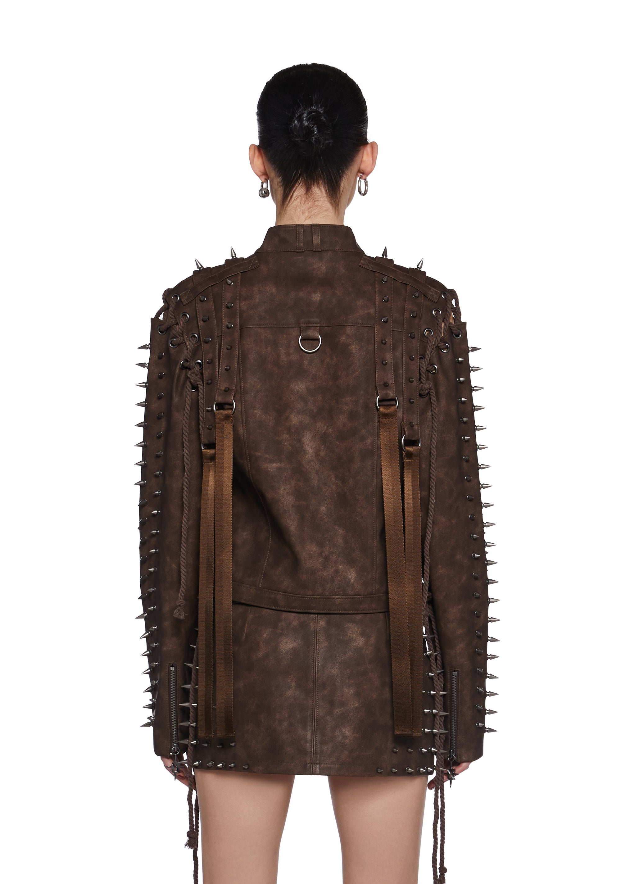 Warp Spiked Jacket With Lace Up Sleeves  - Brown