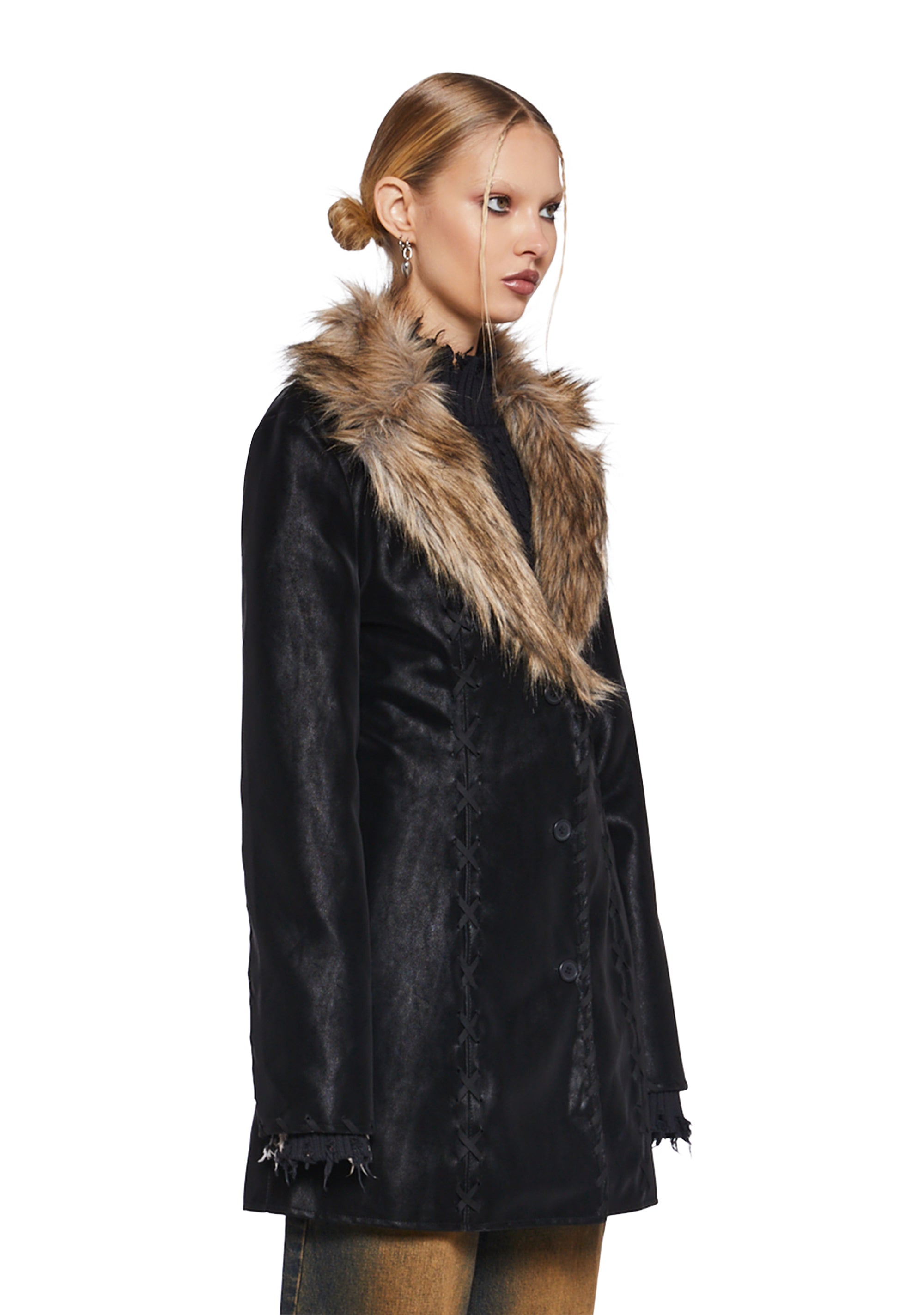 Womens Matte Vegan Leather Lace Up Jacket With Faux Fur Trim