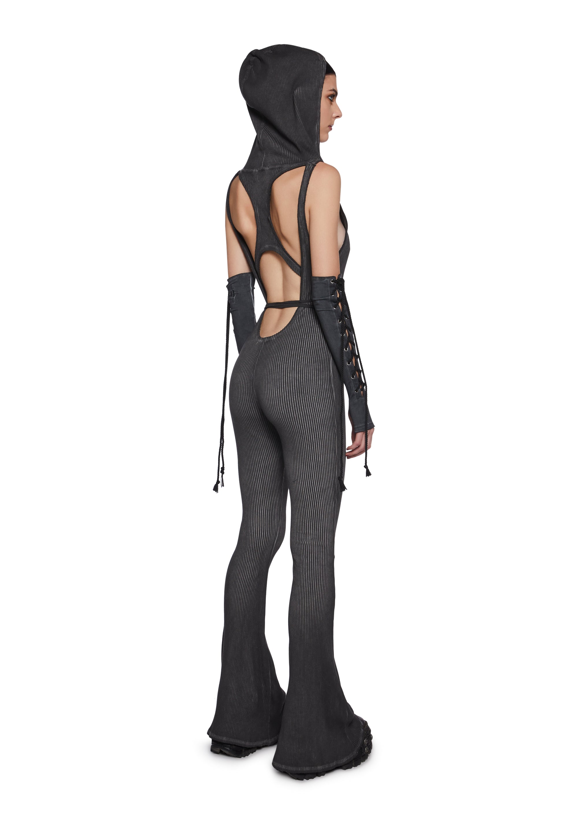 Stretchy Washed Ribbed Knit Cutout Wrap Hooded Jumpsuit - Gray