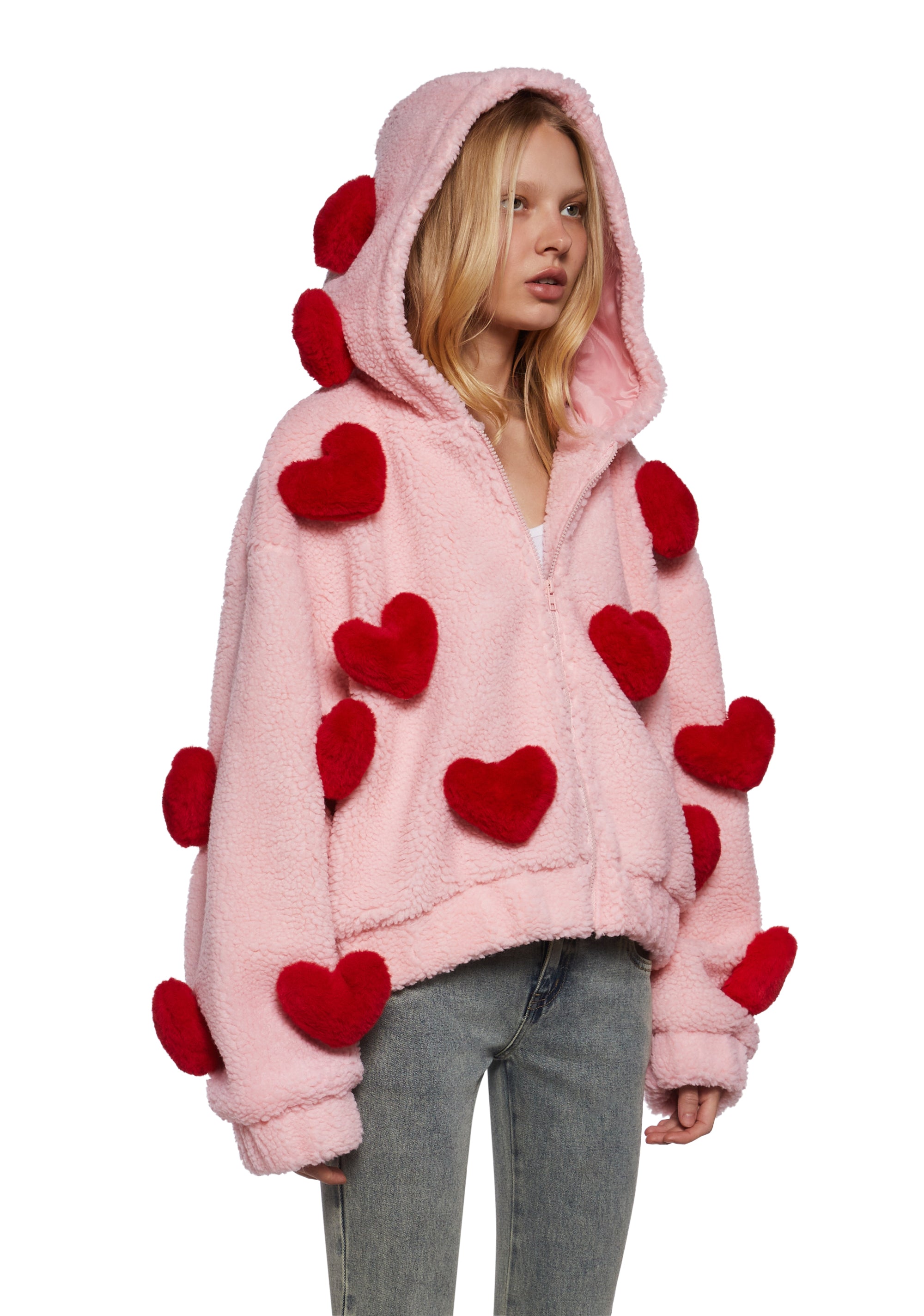 Womens 3D Hearts Faux Fur Hooded Sherpa Jacket Sugar Thrillz