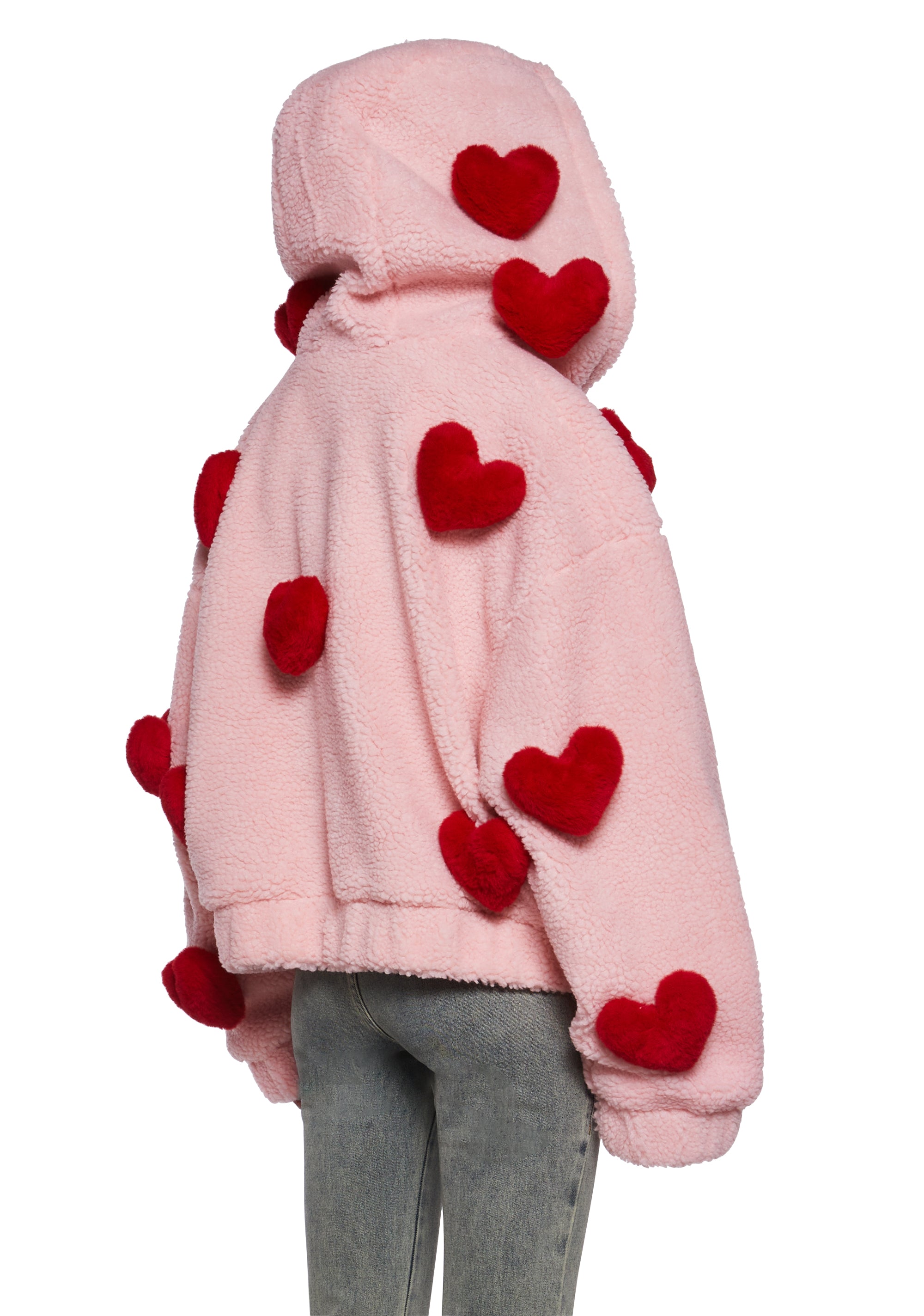 Womens 3D Hearts Faux Fur Hooded Sherpa Jacket Sugar Thrillz