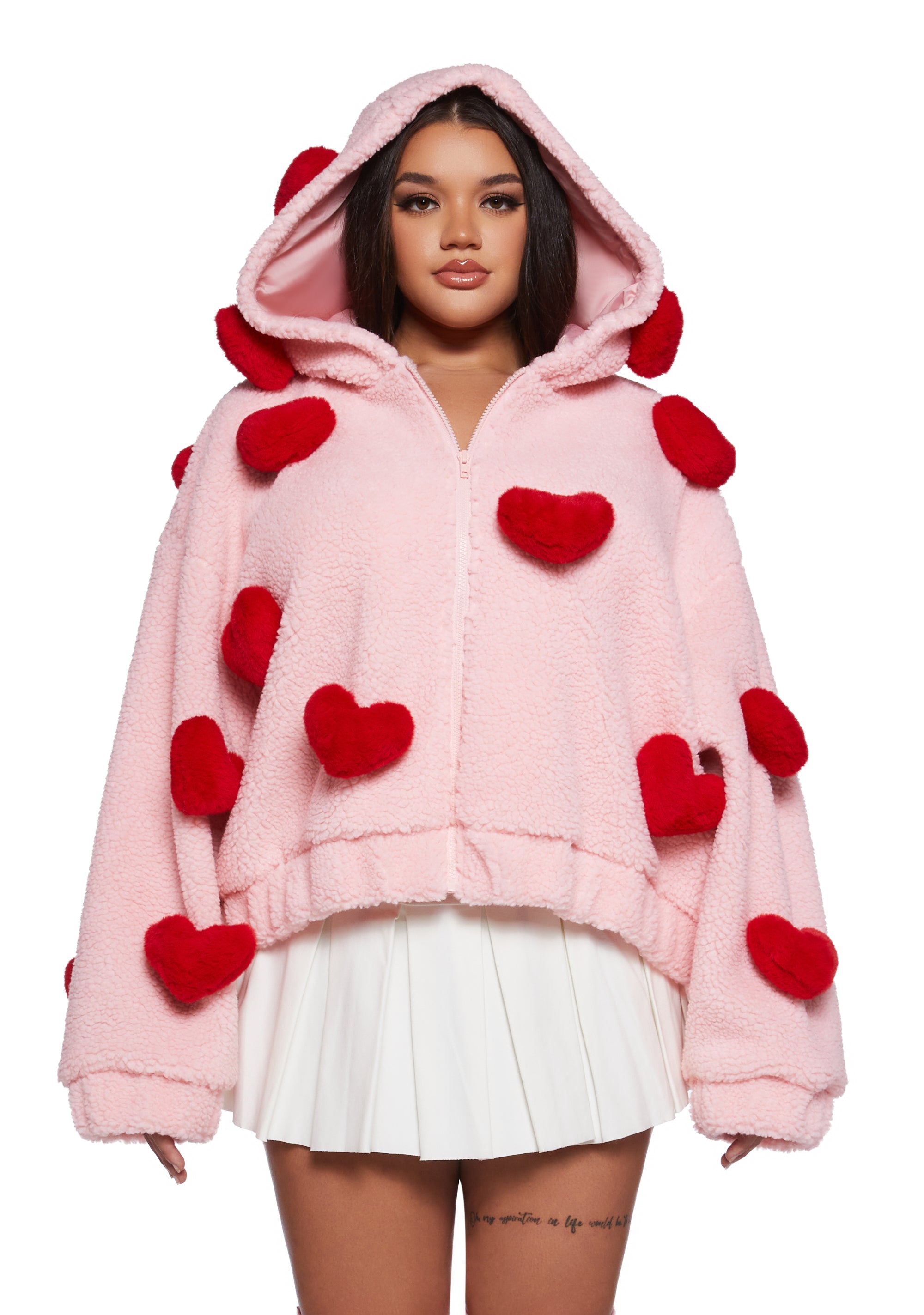 Womens 3D Hearts Faux Fur Hooded Sherpa Jacket Sugar Thrillz
