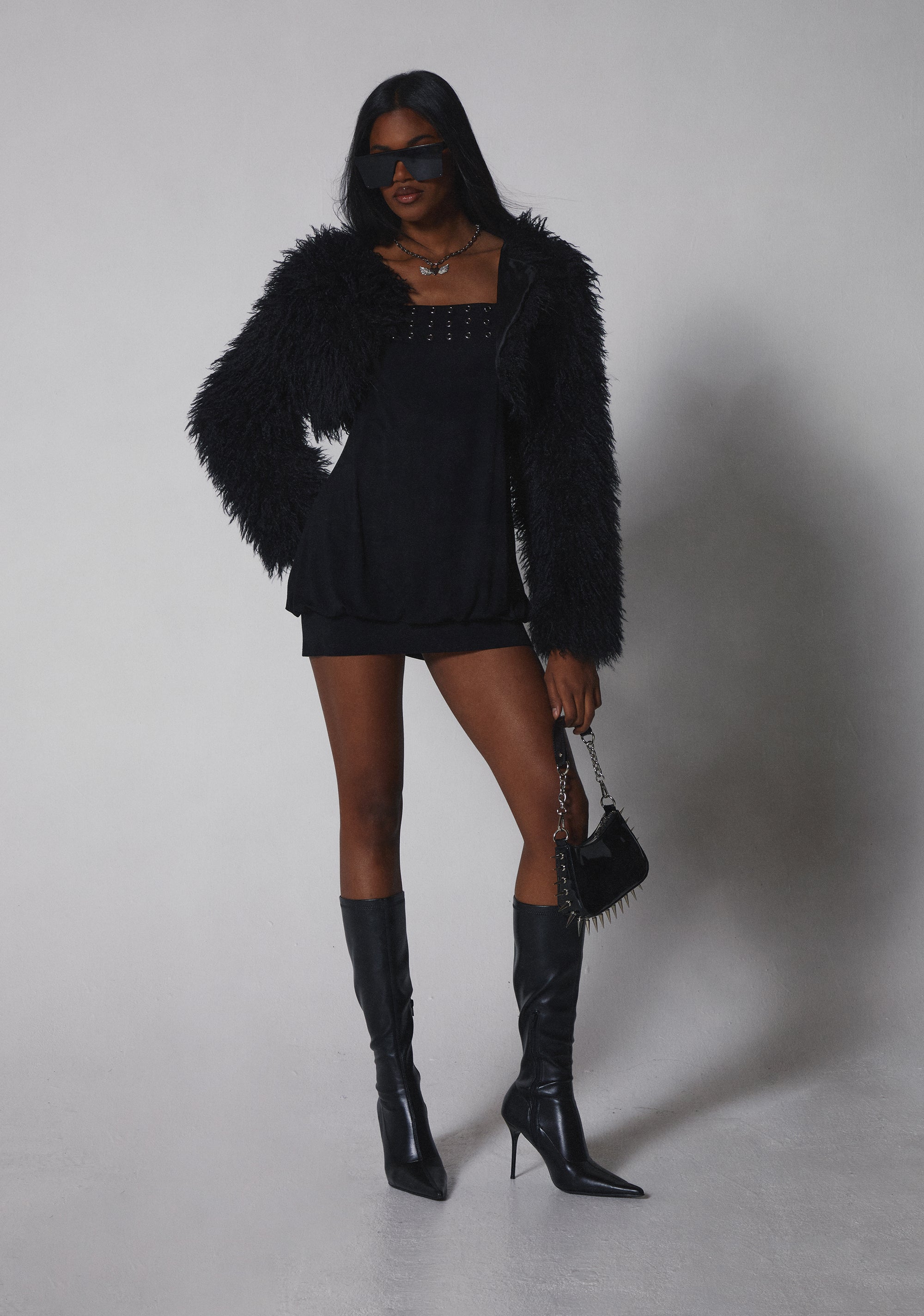 Shaggy Faux Fur Long Sleeve Shrug Club Exx - Black – Dolls Kill