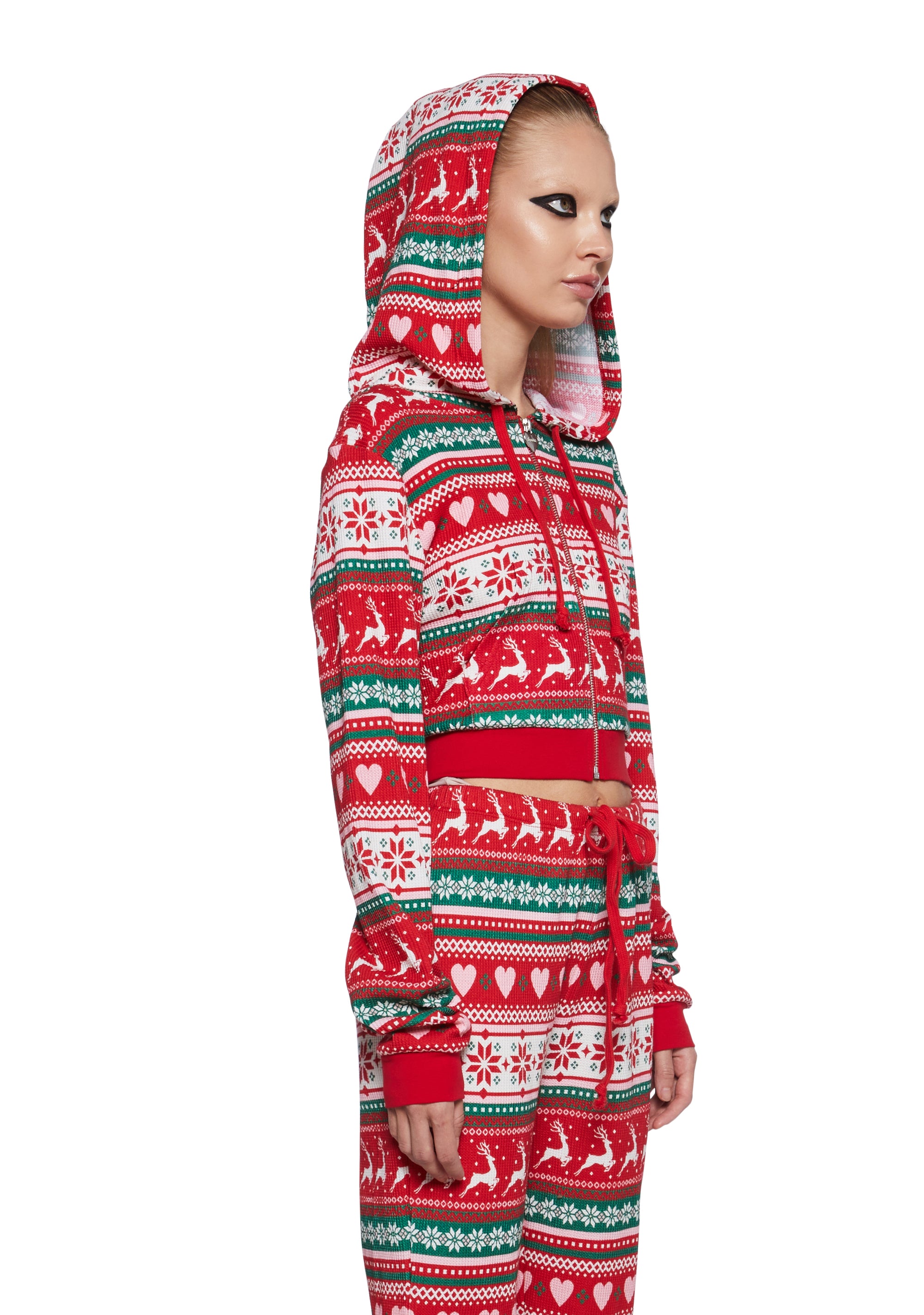 Waffle Knit Reindeer Snowflake Heart Holiday Print Intarsia Zip-Up