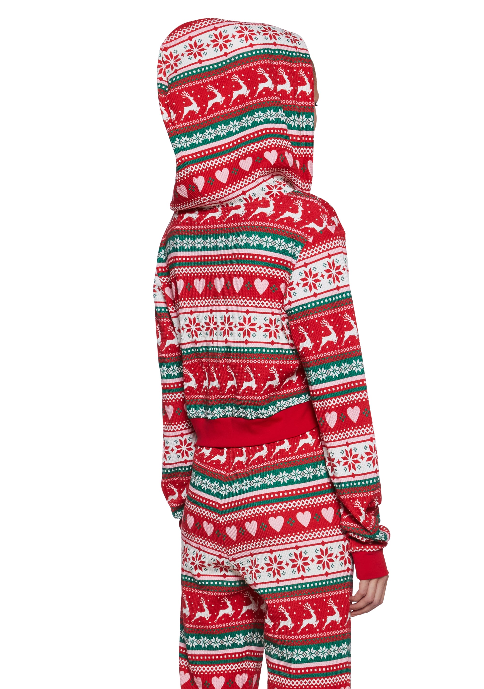 Waffle Knit Reindeer Snowflake Heart Holiday Print Intarsia Zip-Up