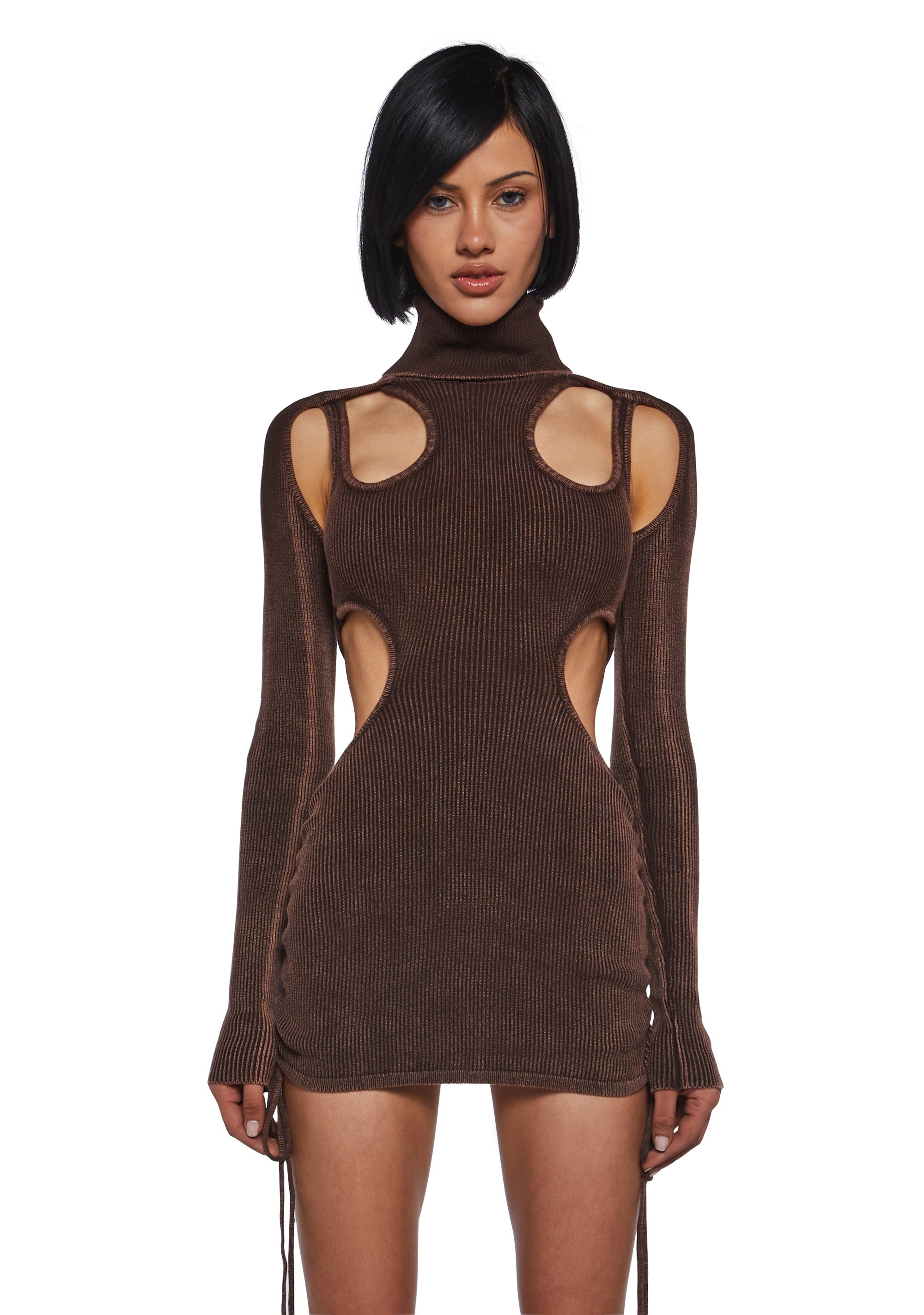 Stretchy Washed Ribbed Knit Long Sleeve Turtleneck Bodycon Dress Darker Wavs