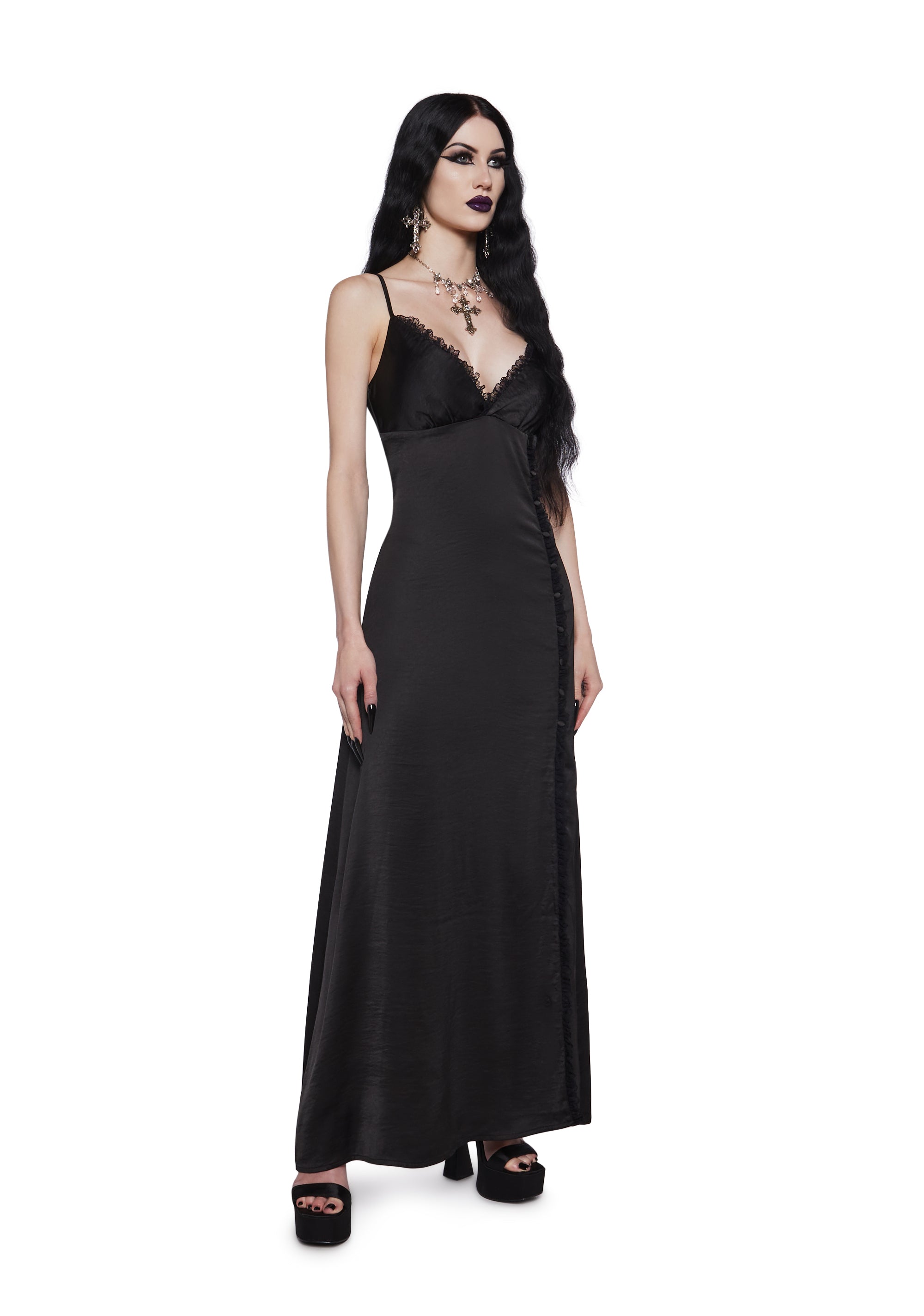 Matte Satin Lace V-Neckline Maxi Dress Widow