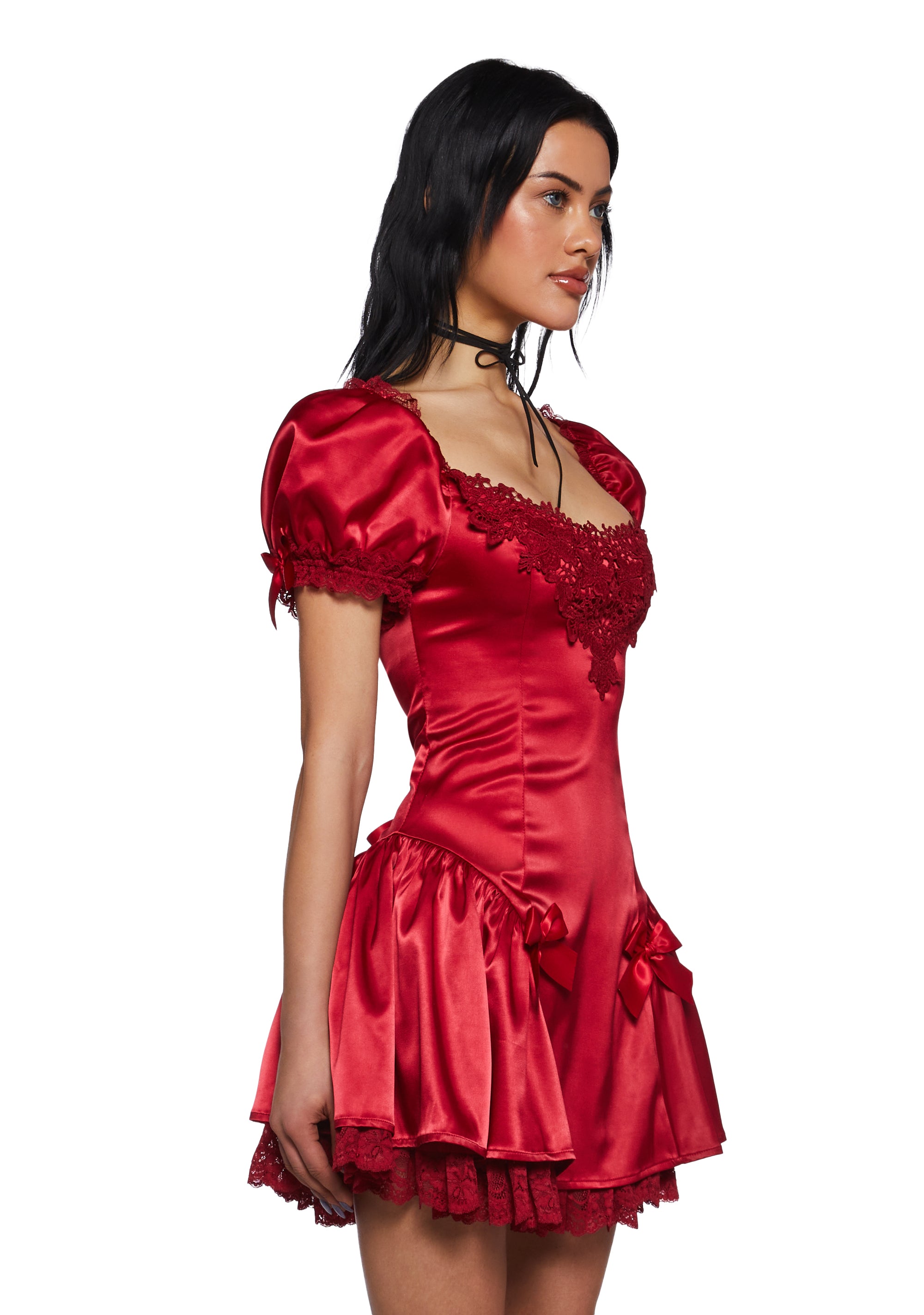 Matte Satin Embroidered Lace Short Puff Sleeve Lace-Up Mini