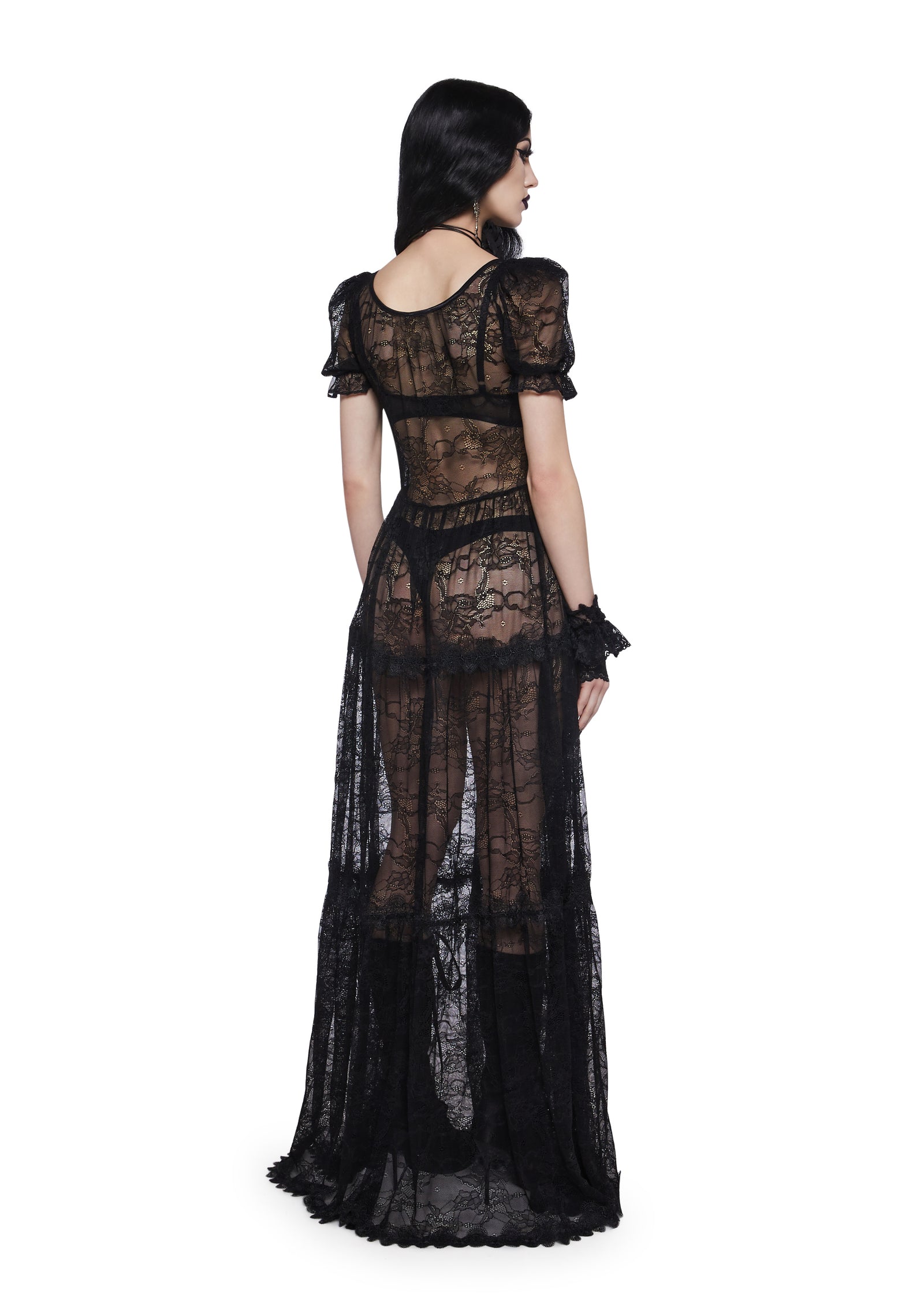 Womens Sexy Goth Sheer Lace Maxi Dress Widow