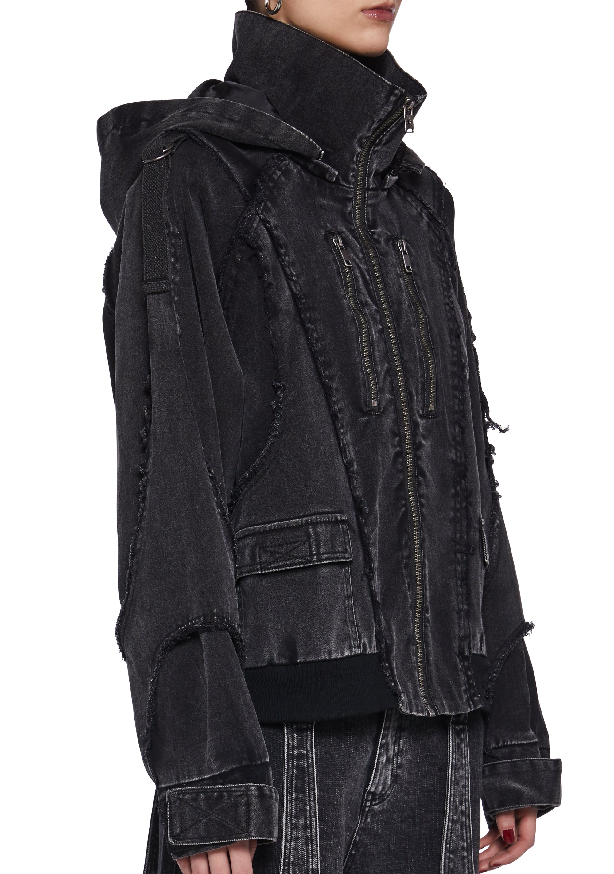 Washed Distressed Denim Hooded Cargo Bomber Jacket Darker Wavs 