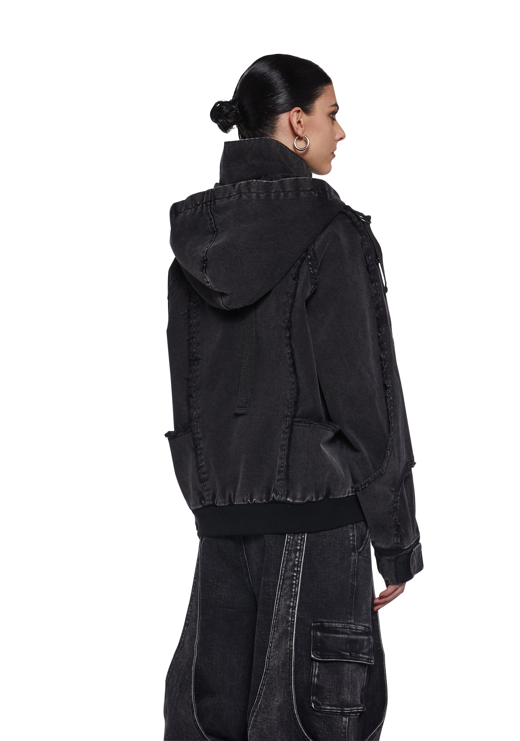 Washed Distressed Denim Hooded Cargo Bomber Jacket Darker