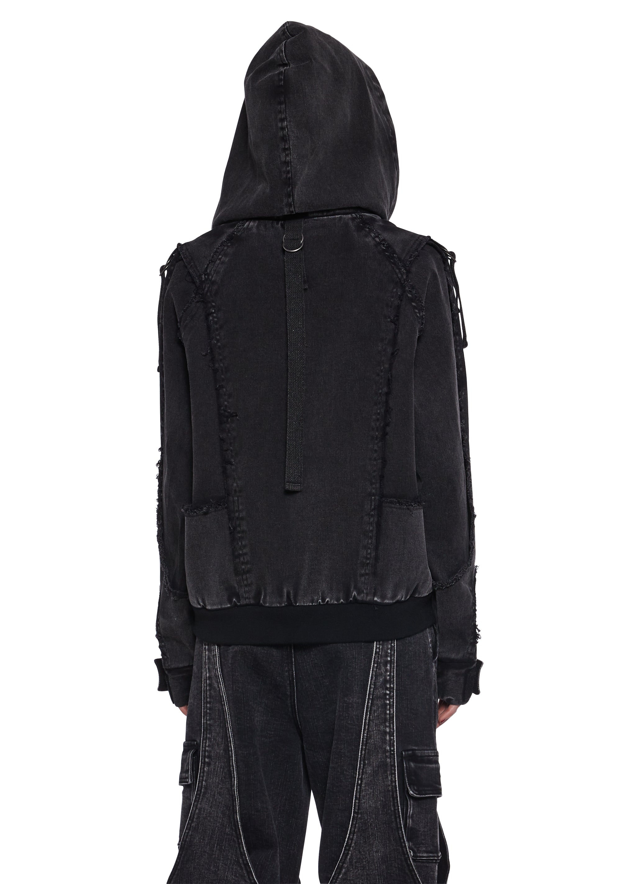 Washed Distressed Denim Hooded Cargo Bomber Jacket Darker