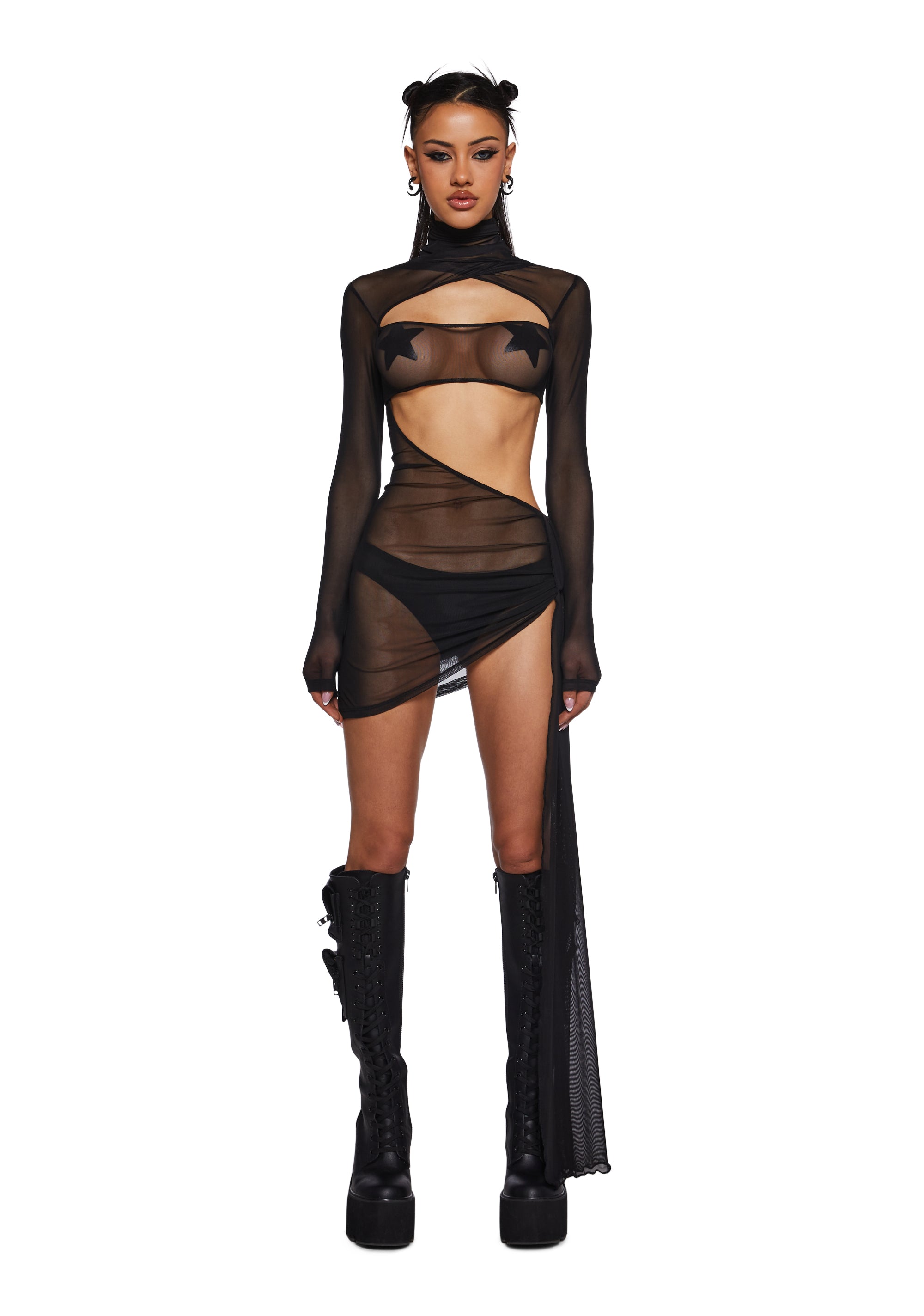 Cut-Out Sheer Mesh Bodycon Dress Burning Man Club Exx- Black – Dolls Kill