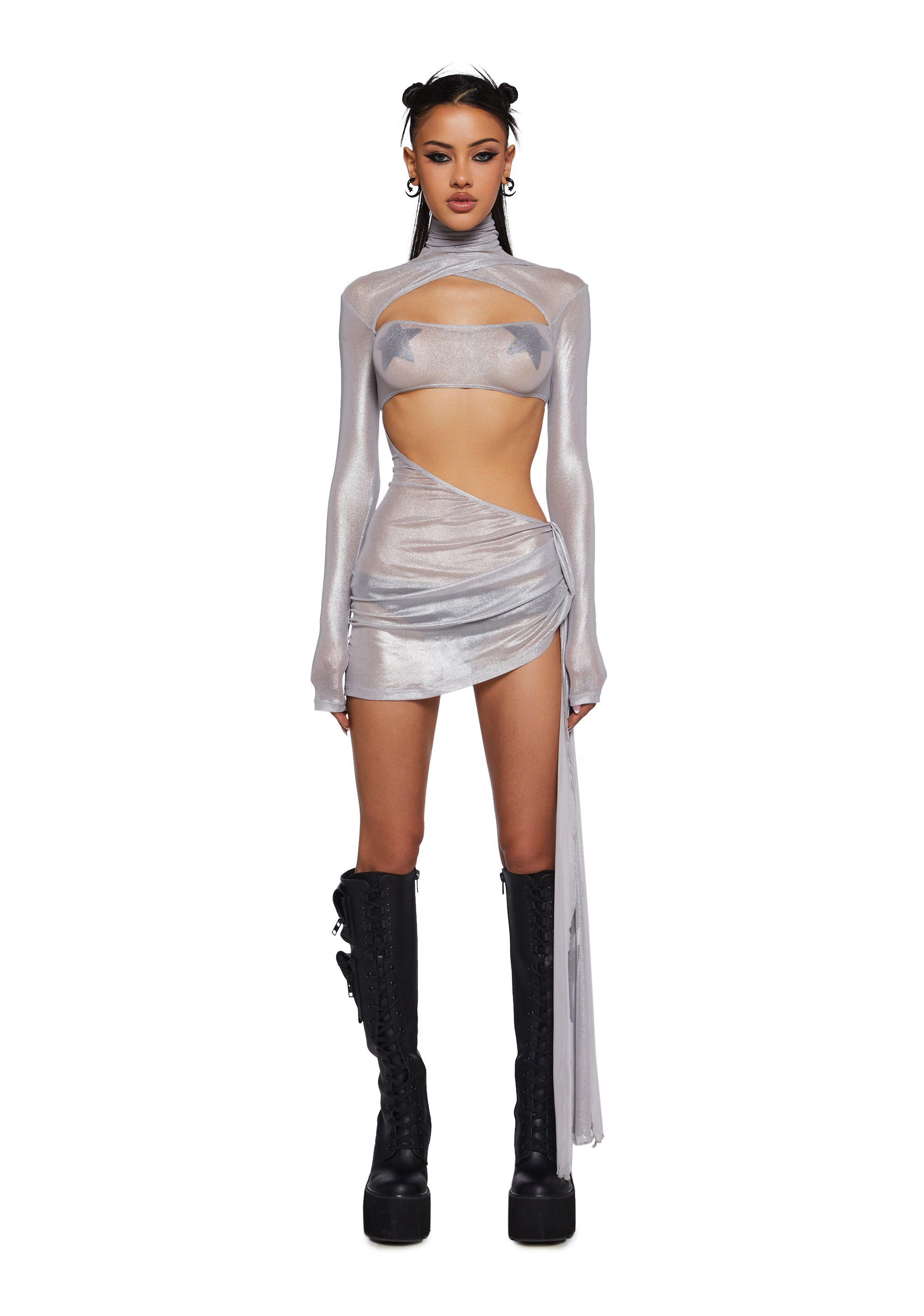 Festival Cut-Out Metallic Sheen Sheer Mesh Bodycon Dress Burning Man Club Exx- Silver – Dolls Kill
