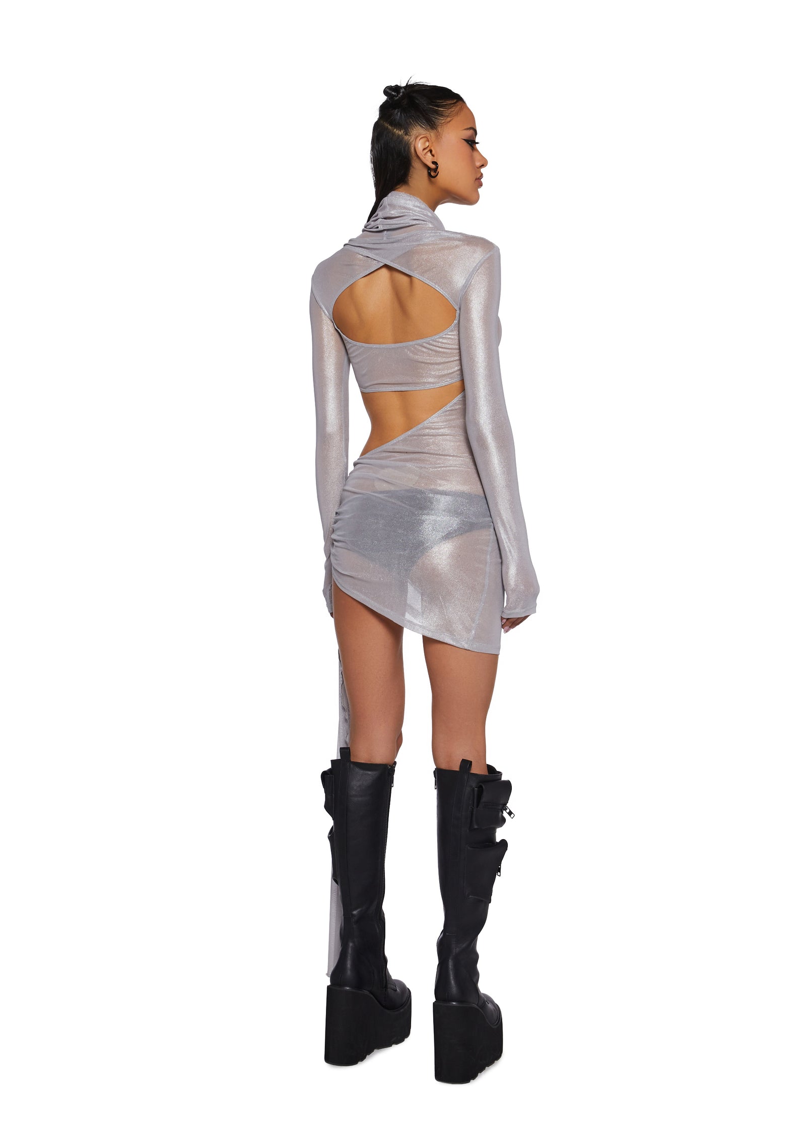 Festival Cut-Out Metallic Sheen Sheer Mesh Bodycon Dress Burning Man Club Exx- Silver – Dolls Kill