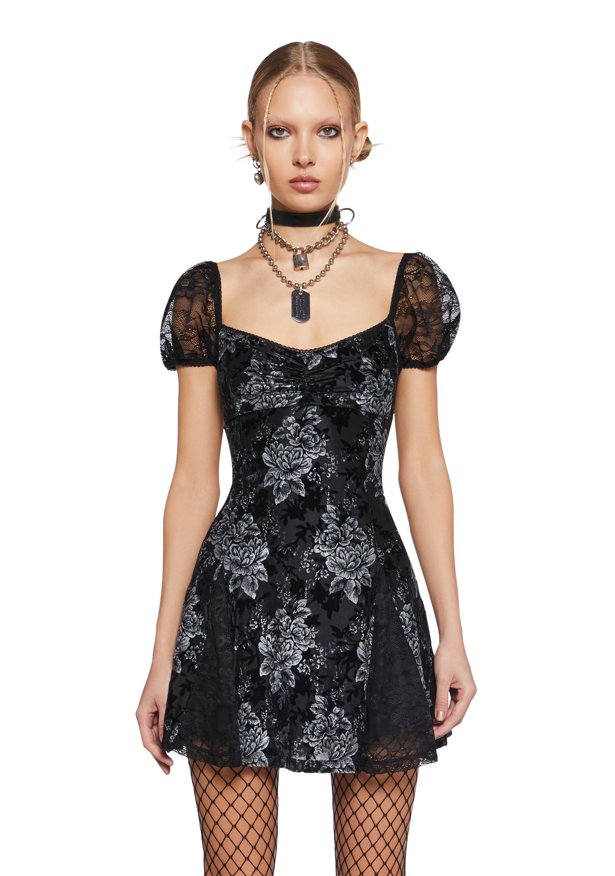 Womens Velvet Floral Mini Dress Current Mood