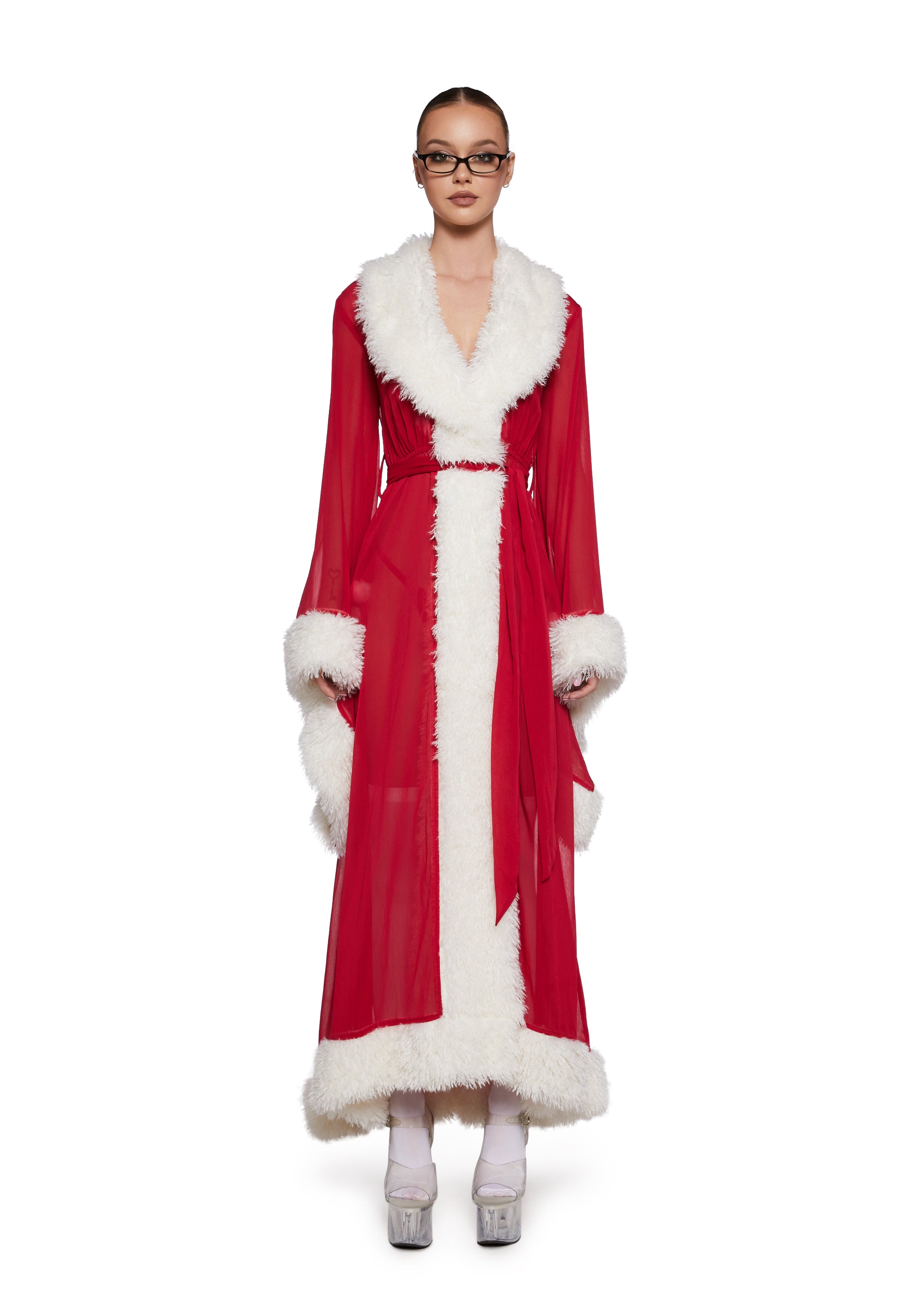 Chiffon Sheer Robe With Faux Fur Trim Sugar Thrillz - Red – Dolls Kill