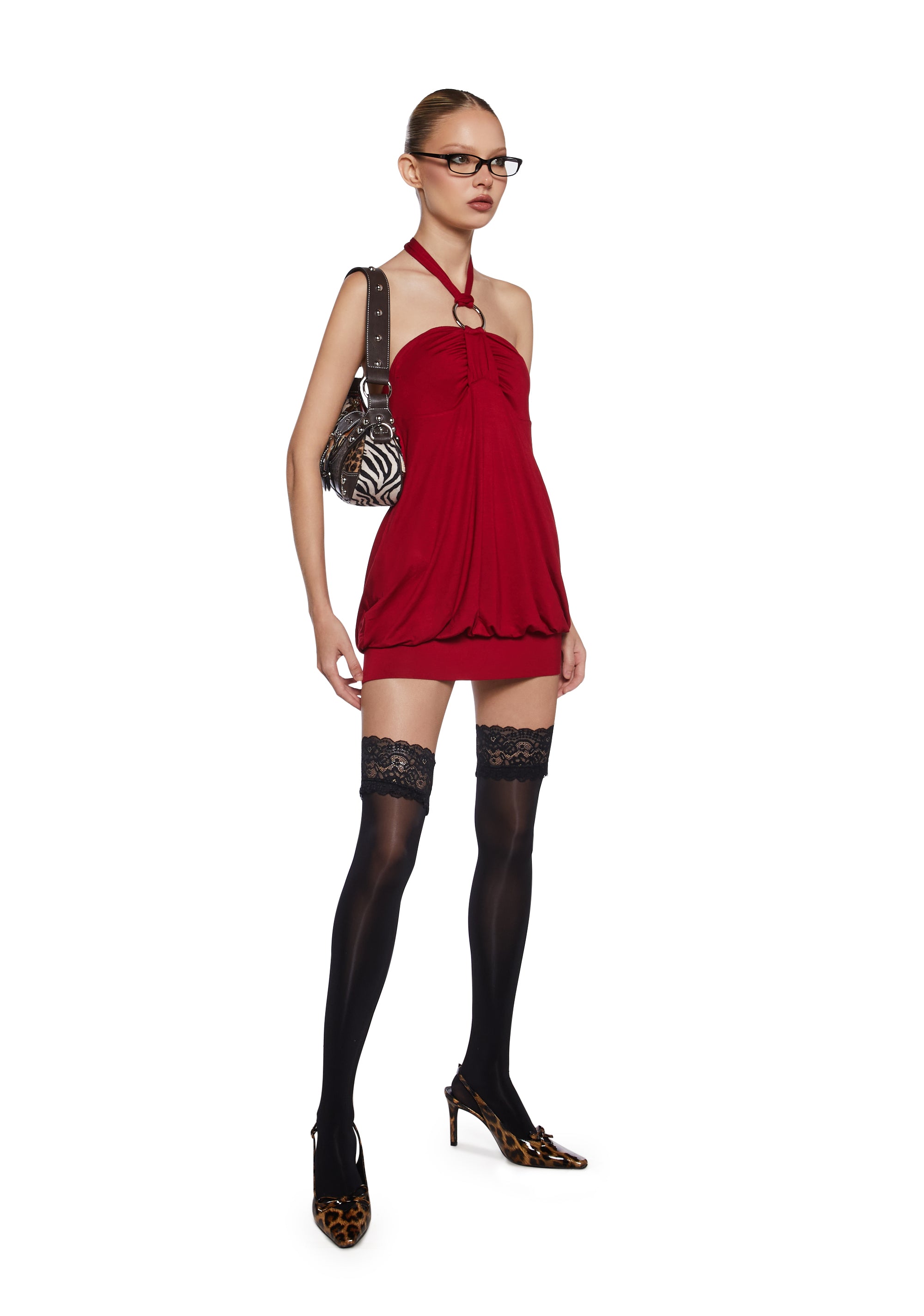 Womens Sexy Y2K Halter Mini Dress With Bubble Hem - Red