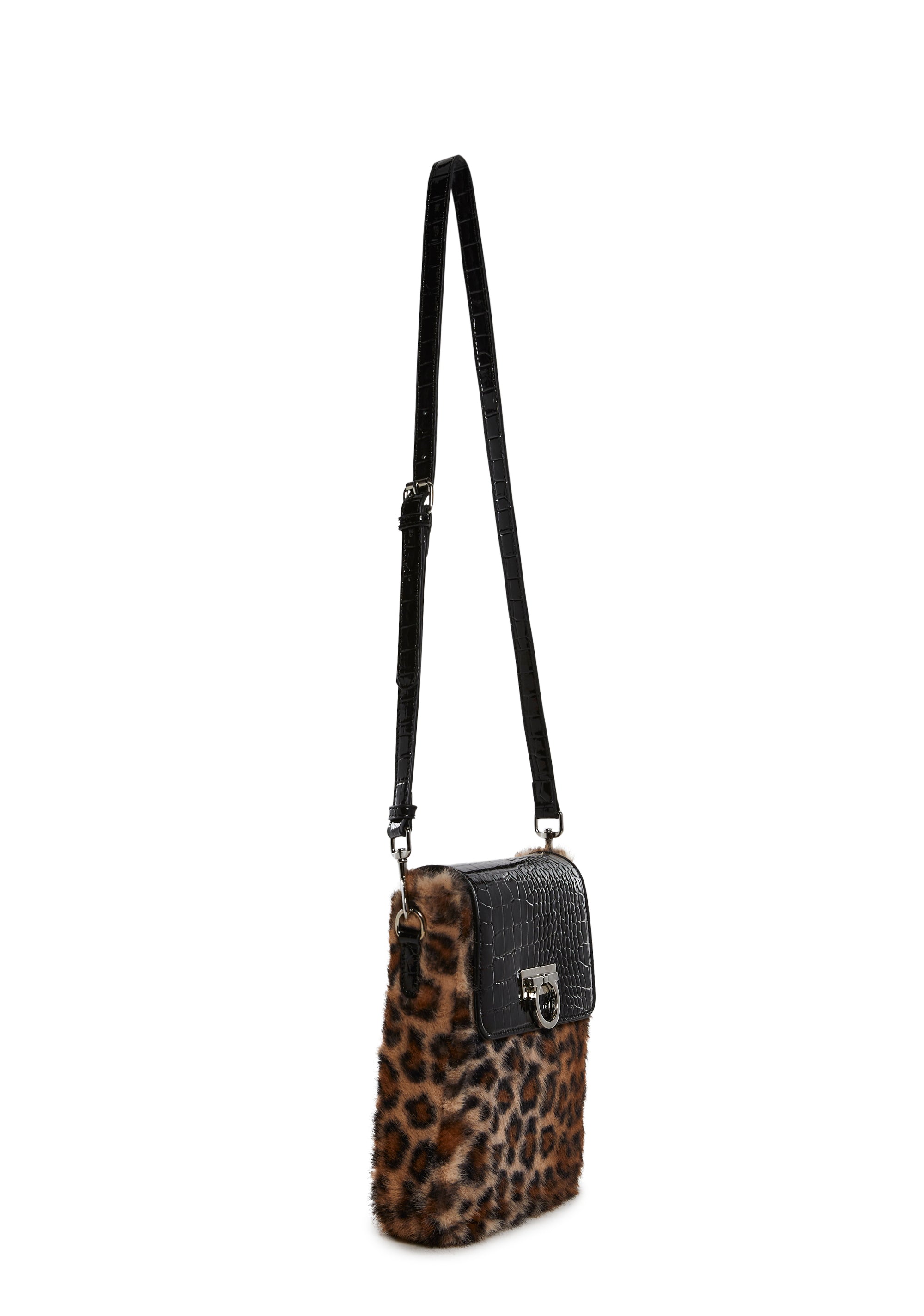 Leopard Crocodile Vegan Leather Faux Fur Crossbody Bag