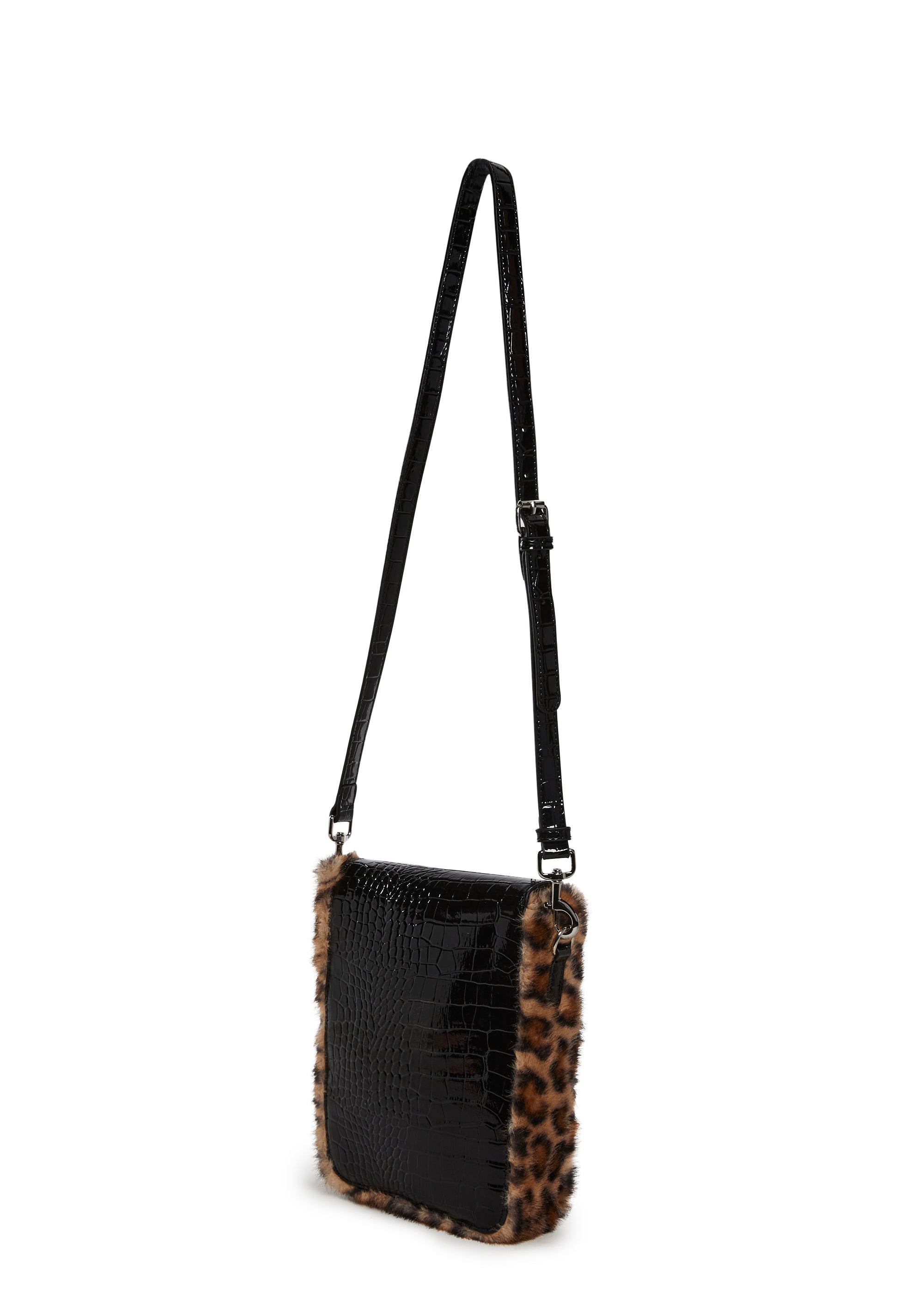 Leopard Crocodile Vegan Leather Faux Fur Crossbody Bag