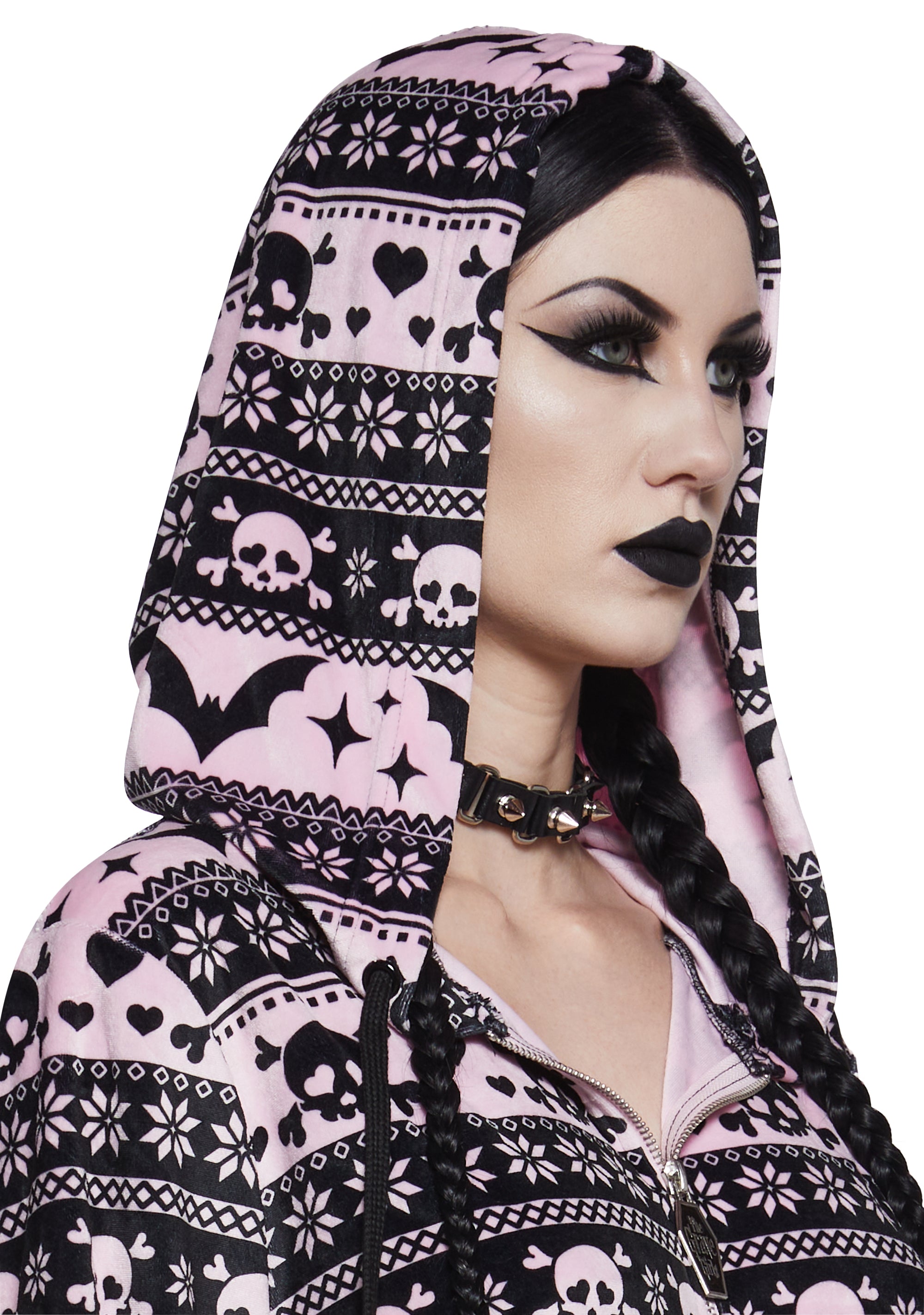 The Grave Girls Womens Fair Isle Skulls Bats Zip Up Hoodie - Multi