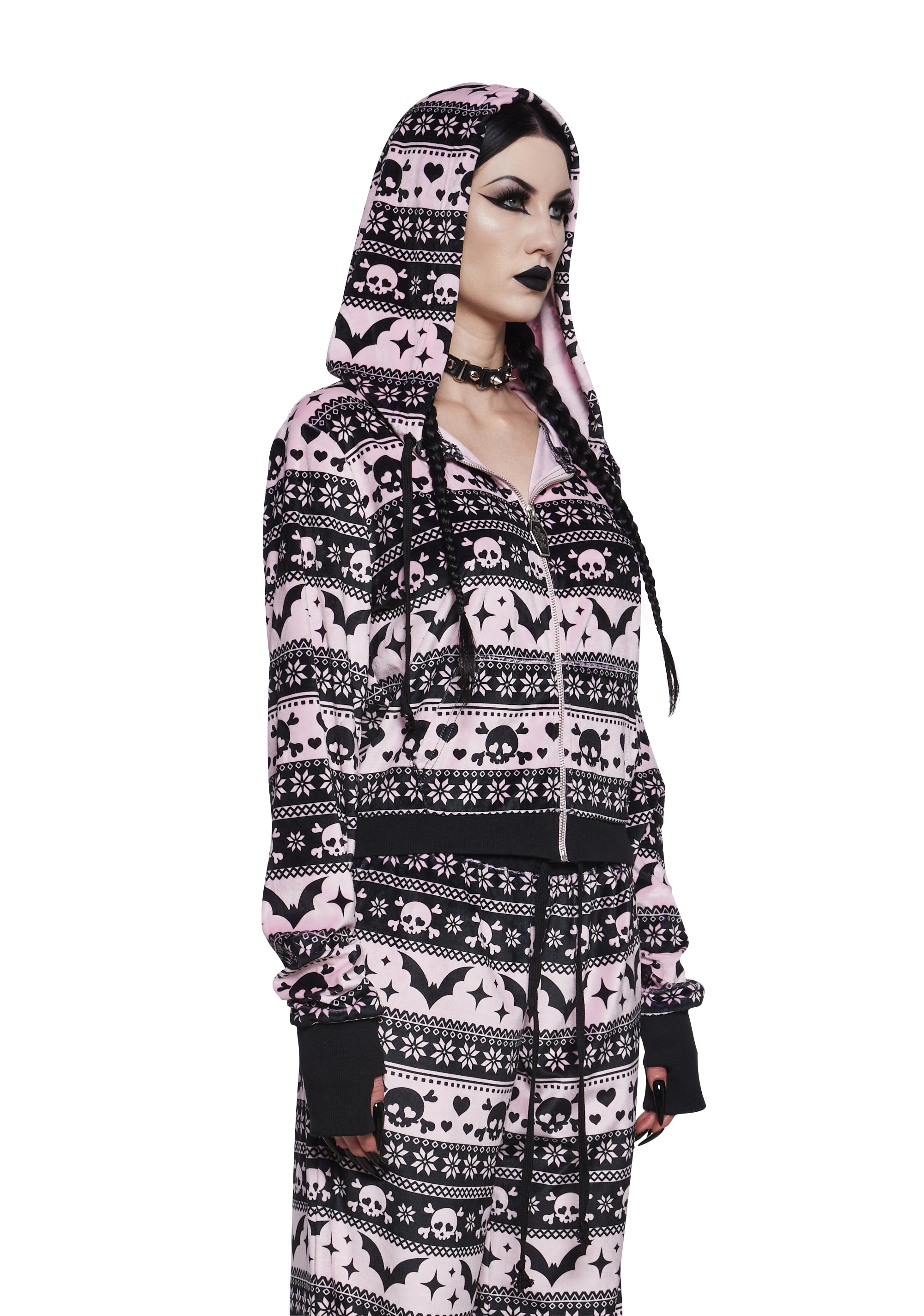 The Grave Girls Womens Fair Isle Skulls Bats Zip Up Hoodie - Multi