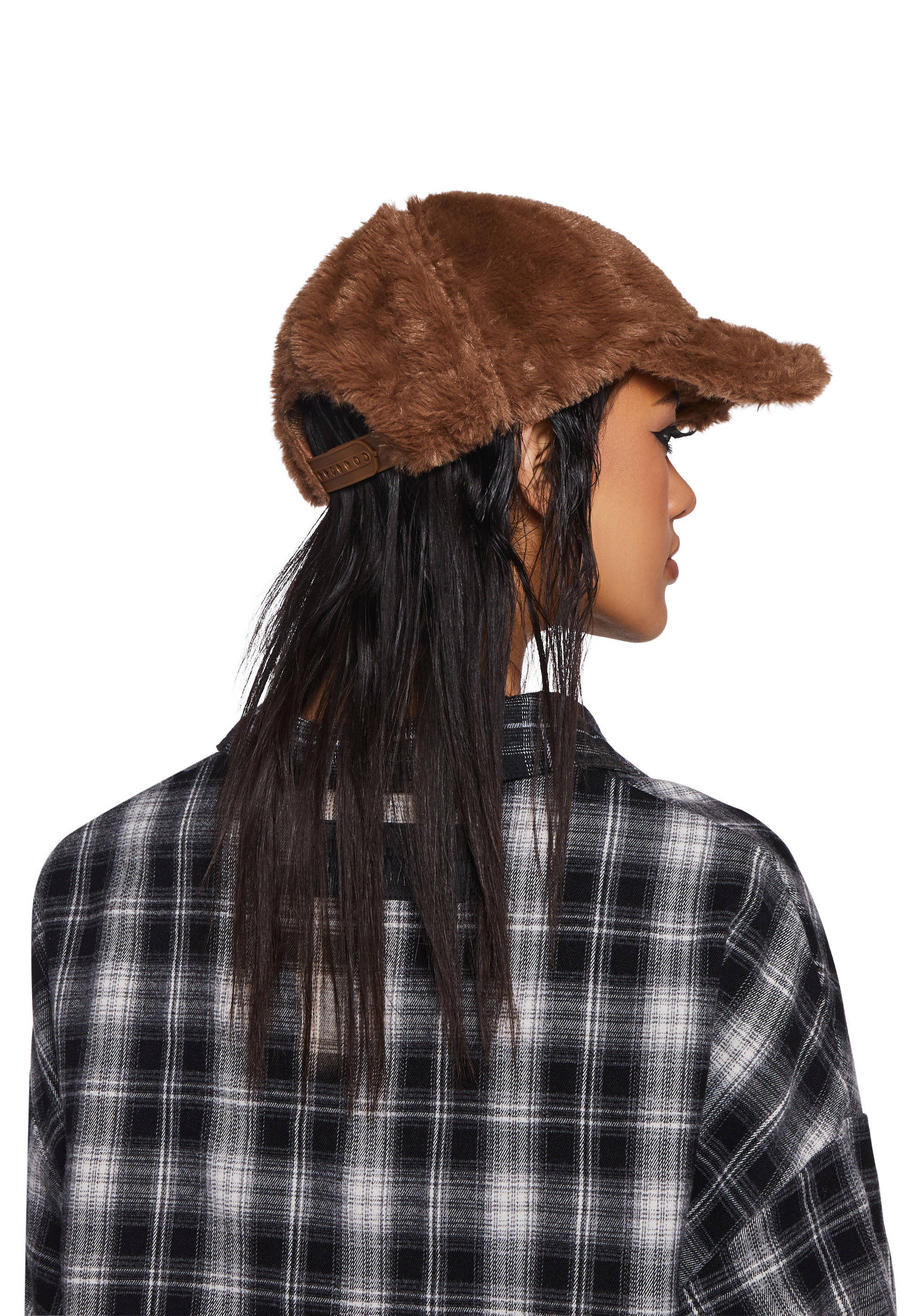 人気【DOLLS KILL】Warp Faux Fur Baseball Cap Furry Faux Fur Logo Baseball Cap Darker Wavs - Brown – Dolls