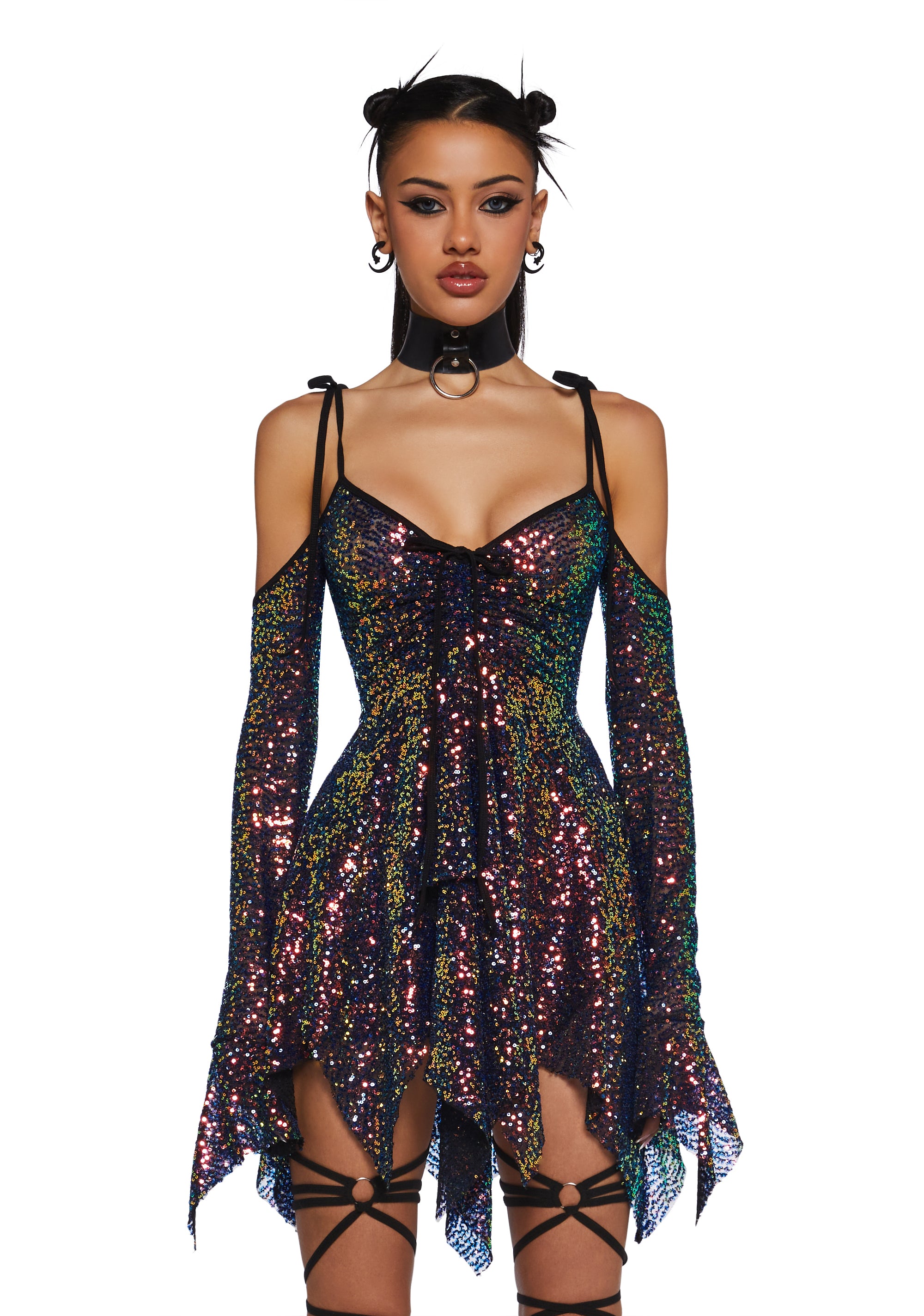 Rave Fairycore Festival Fairy Metallic Sequined Mesh Handkerchief Dress Club Exx