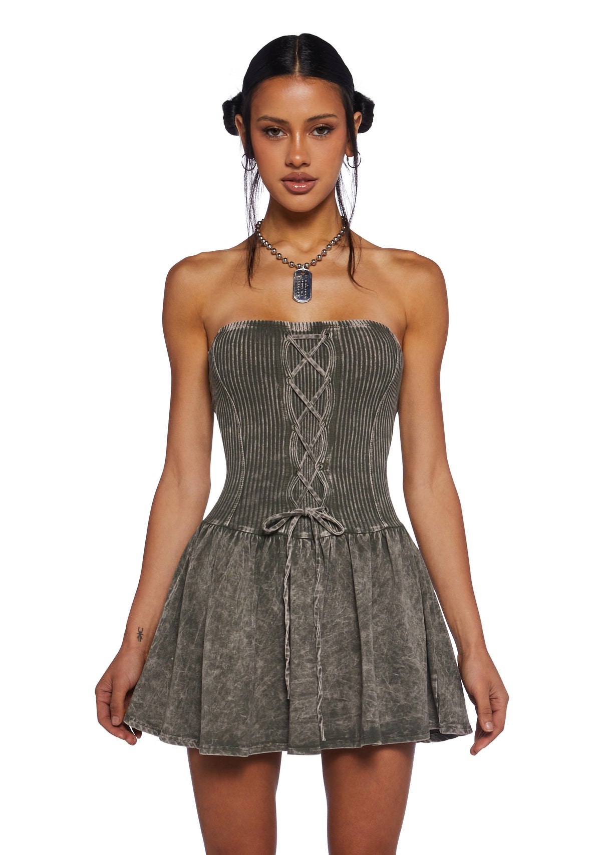 Acid Mineral Washed Lace Up Strapless Mini Dress Green Dolls Kill