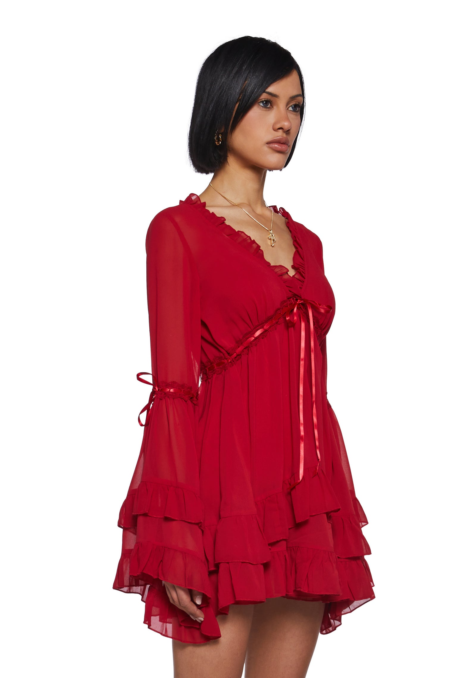 Womens Sexy Chiffon Mini Dress With Bell Sleeves Sugar Thrillz