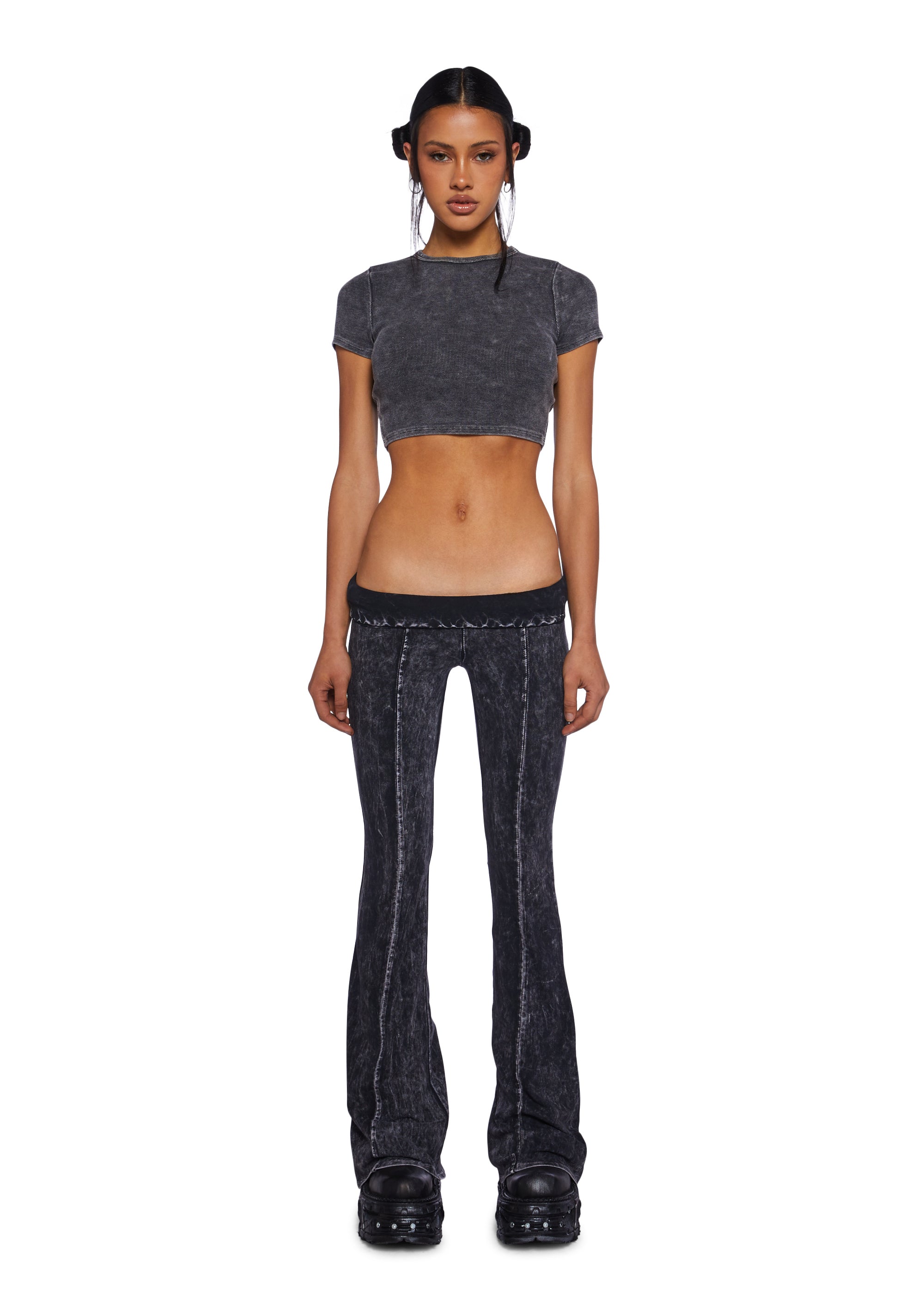 Sexy Womans Stretchy Washed Ribbed Knit Baby Tee Flared Leg Pant Set ...