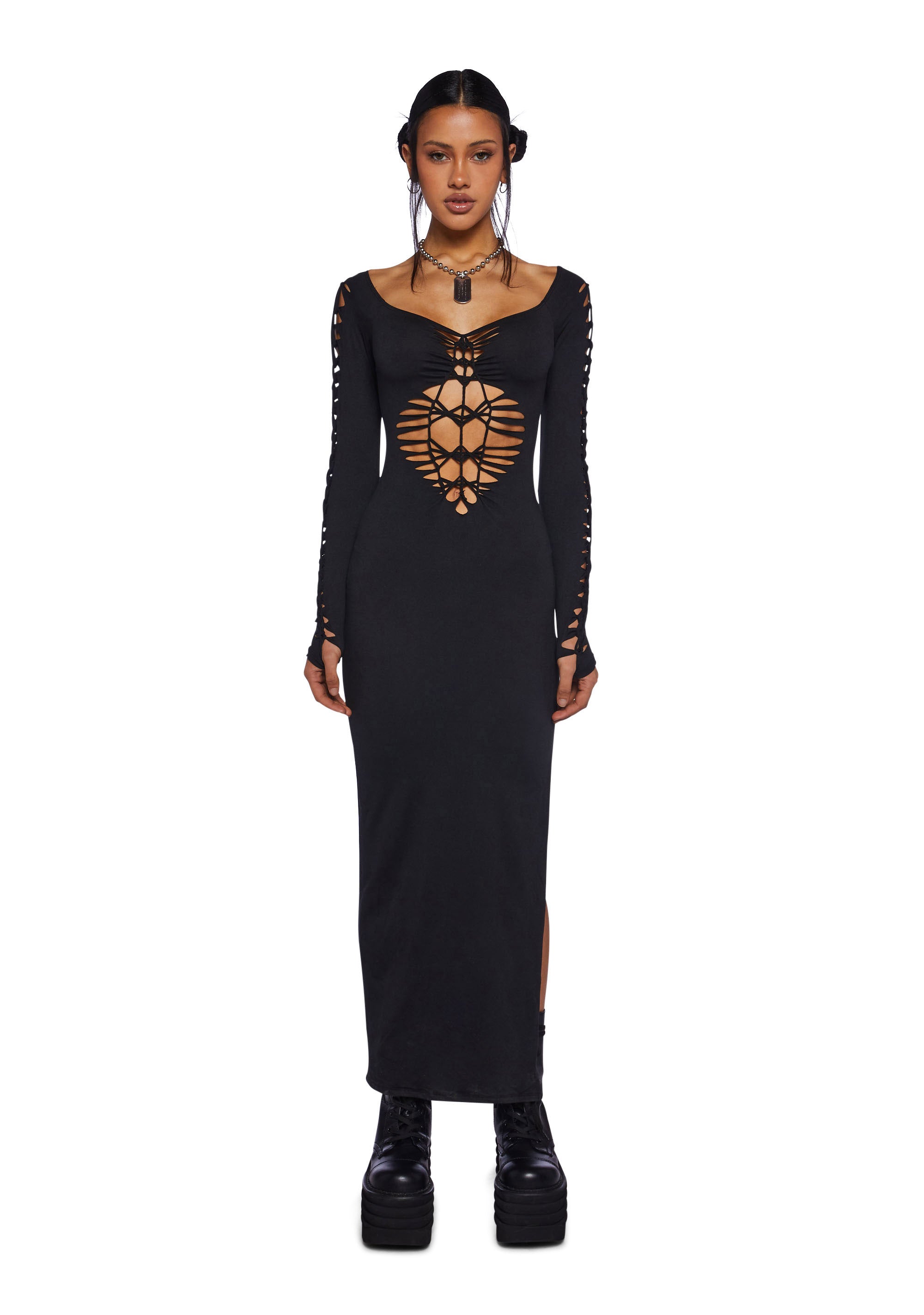 Shredded Long Sleeve Cut Out Maxi Dress Special Occasion
