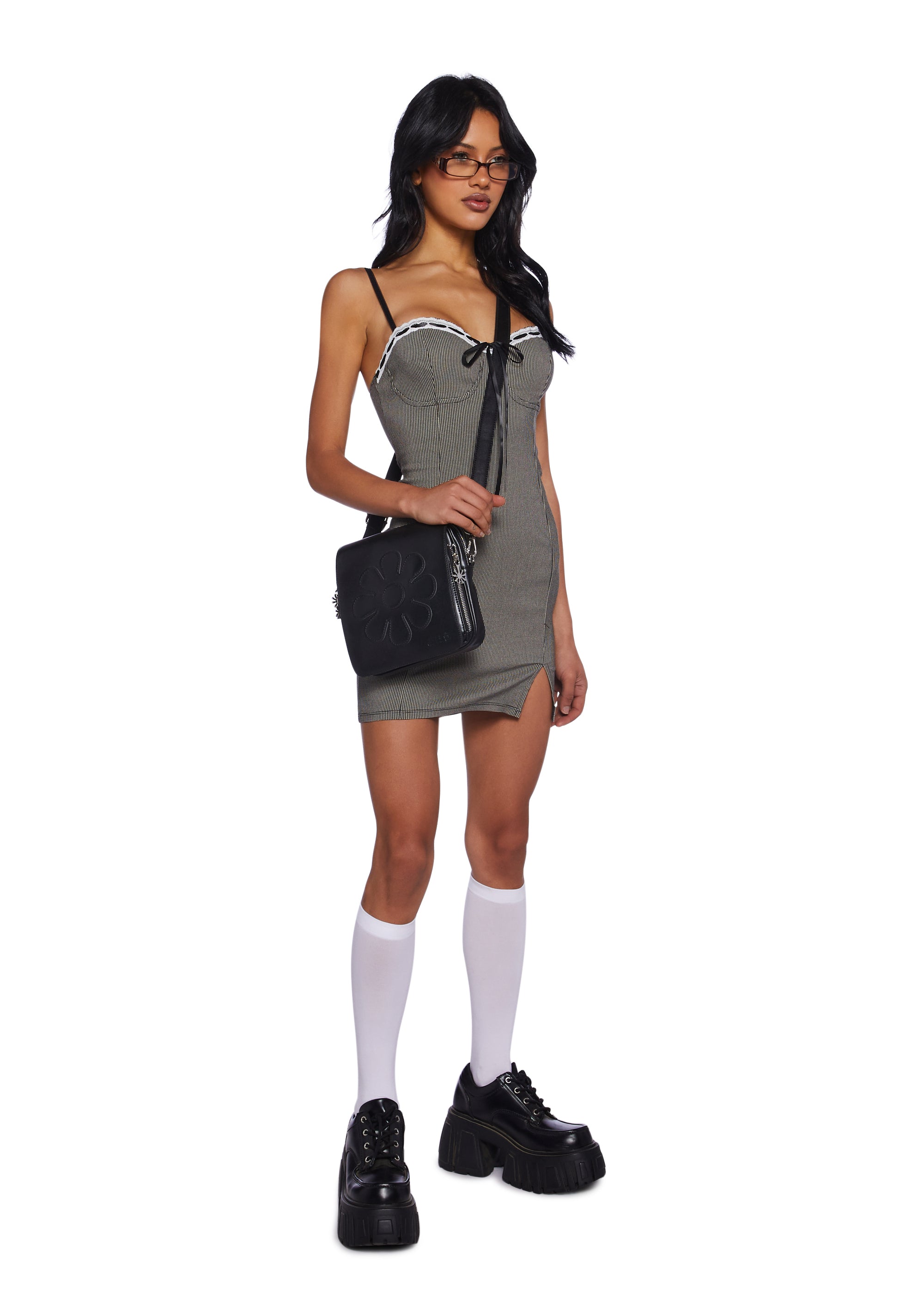 Sexy Womans Houndstooth Lace Bodycon Mini Dress